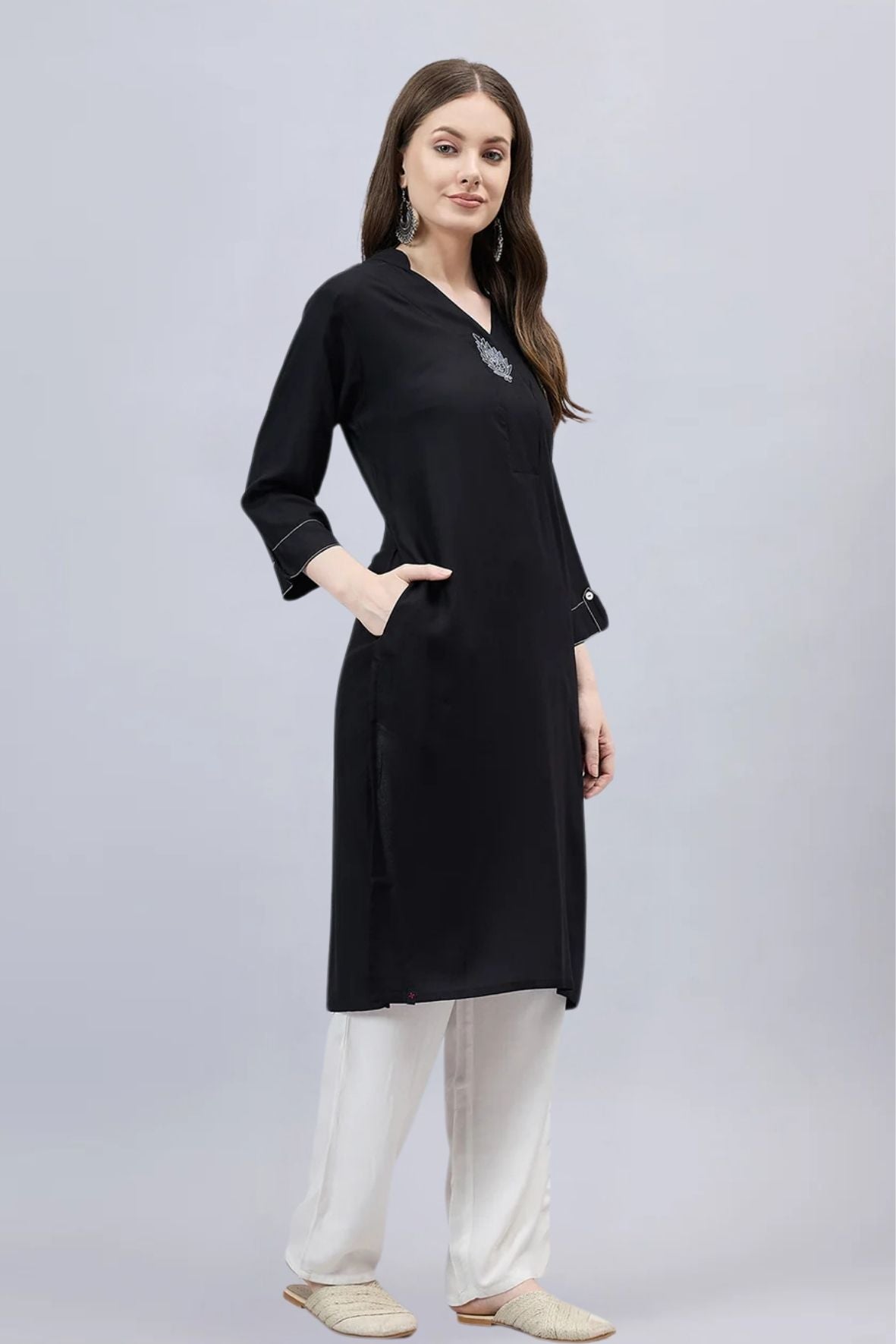 Black V-Neck Straight Fit Rayon Kurti