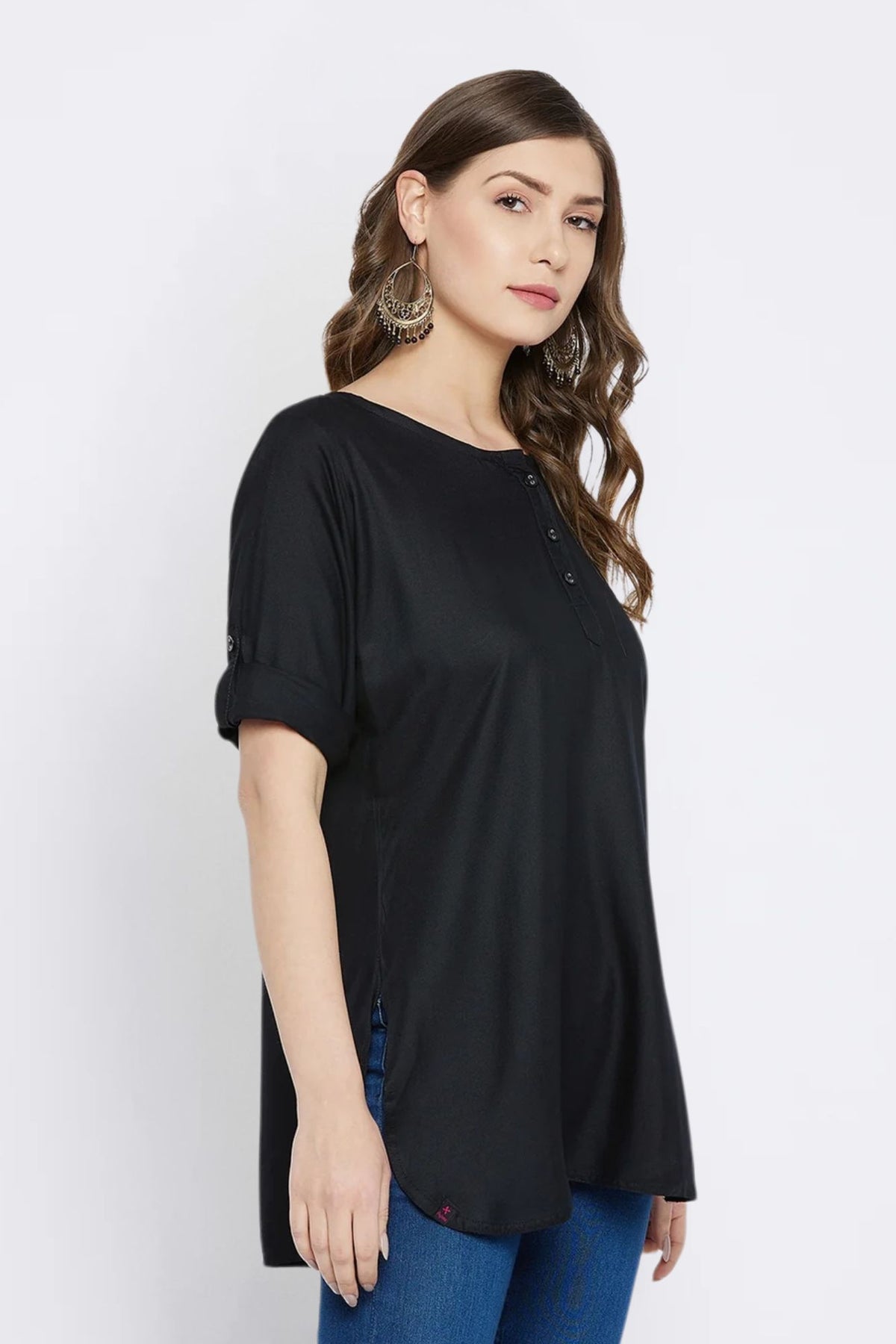 Black Solid Coloured Short Kurti - 32" Length