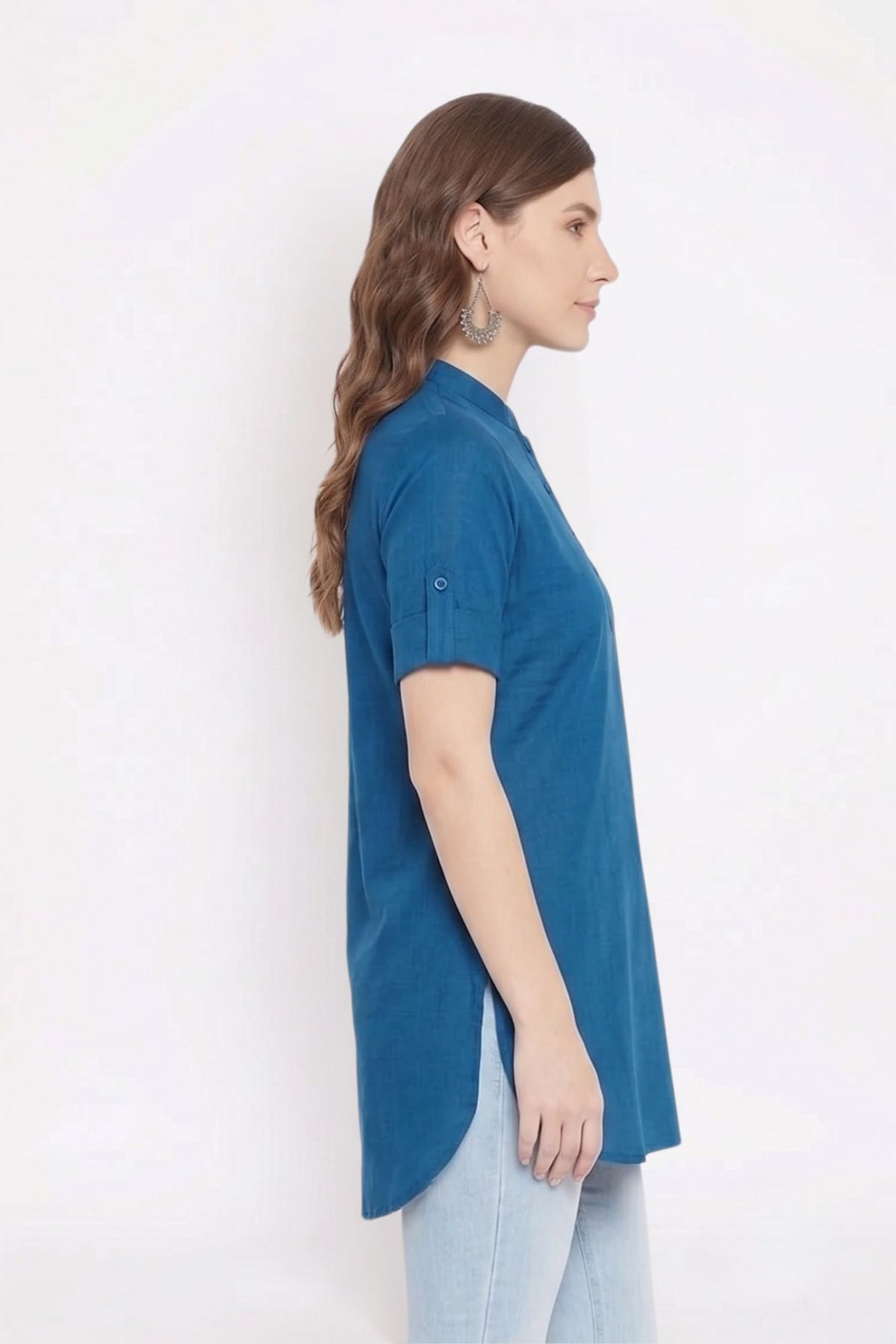 Blue Solid Coloured Short Kurti - 32" Length