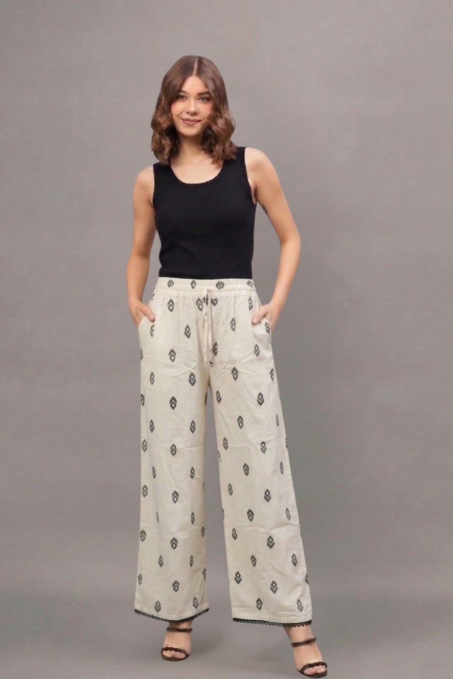 Charcoal Buta Print Cotton Lace Palazzo