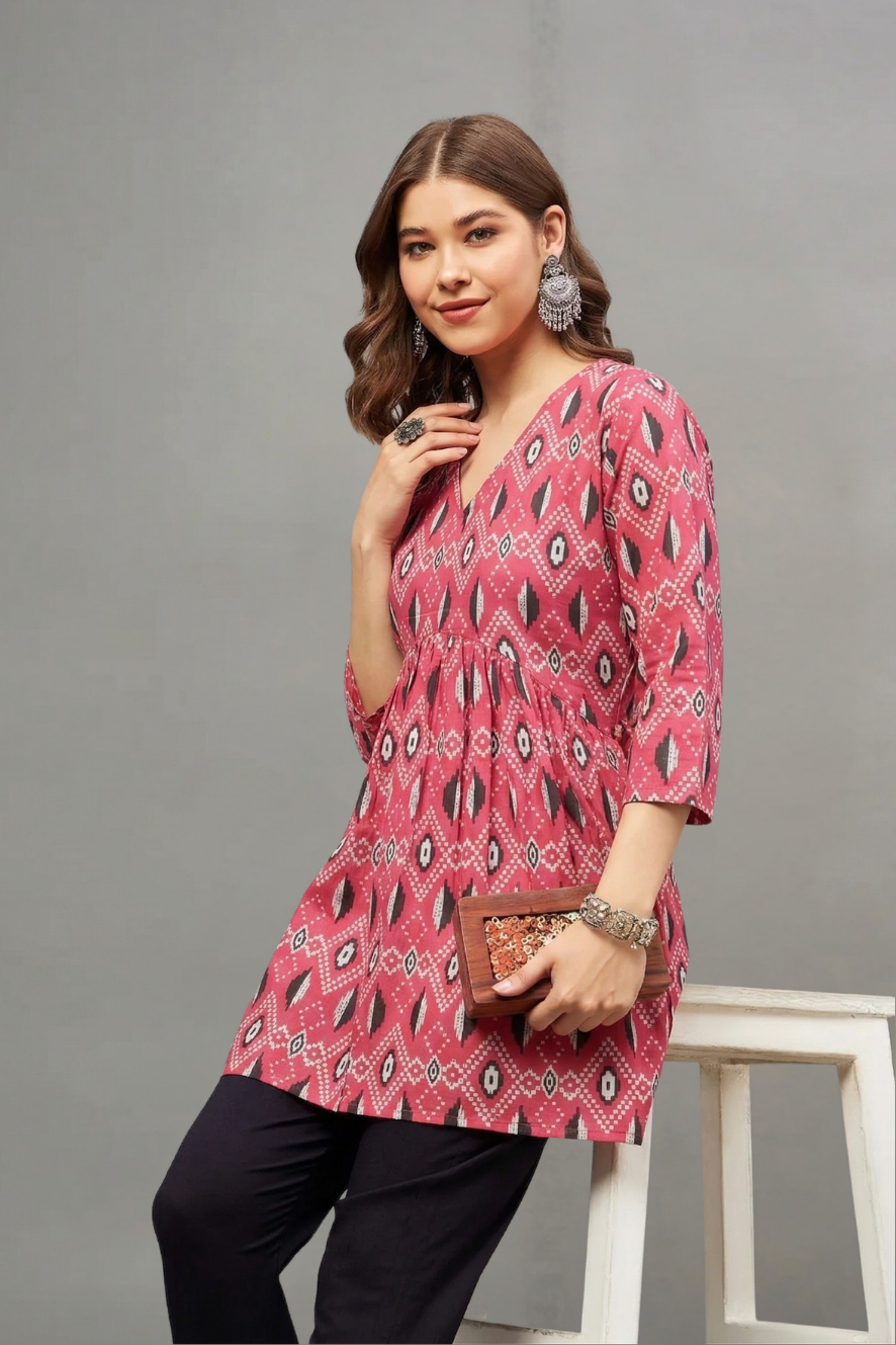 Rust Red Ikat Print V-neck Cotton Kurti for Women