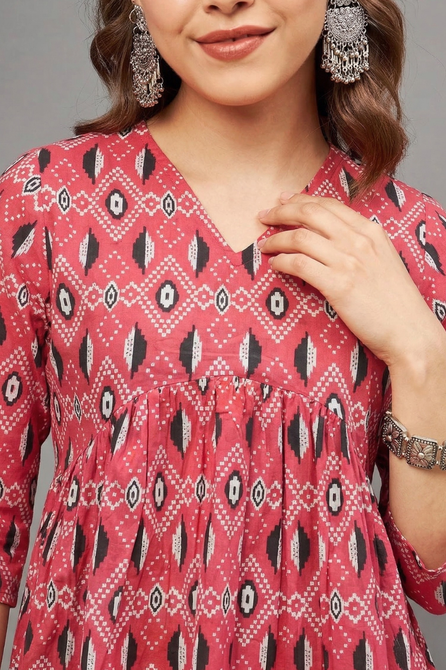 Rust Red Ikat Print V-neck Cotton Kurti for Women