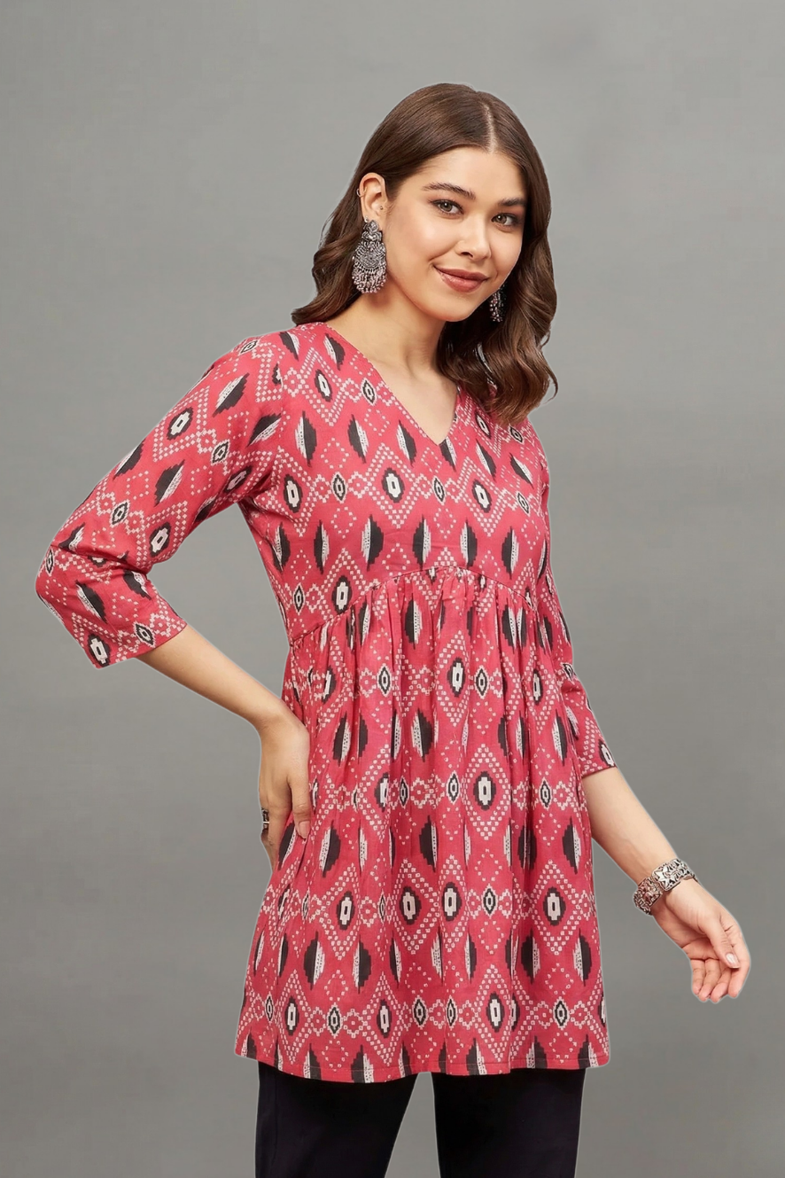 Rust Red Ikat Print V-neck Cotton Kurti for Women