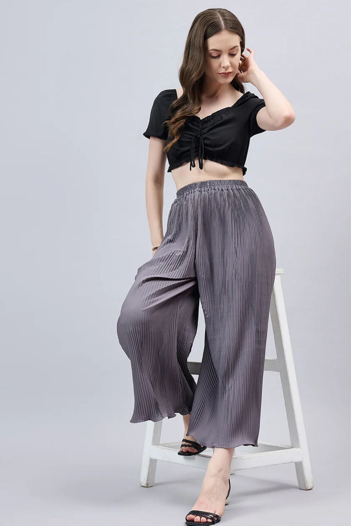 Grey Pleated Chiffon Palazzo