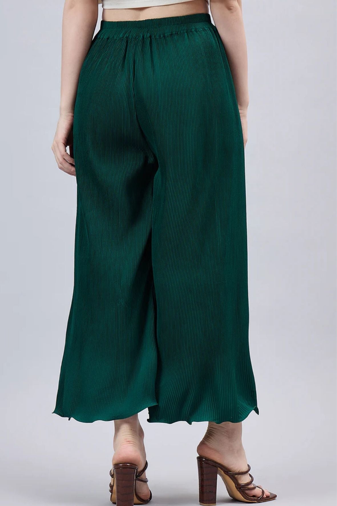 Bottle Green Pleated Chiffon Palazzo
