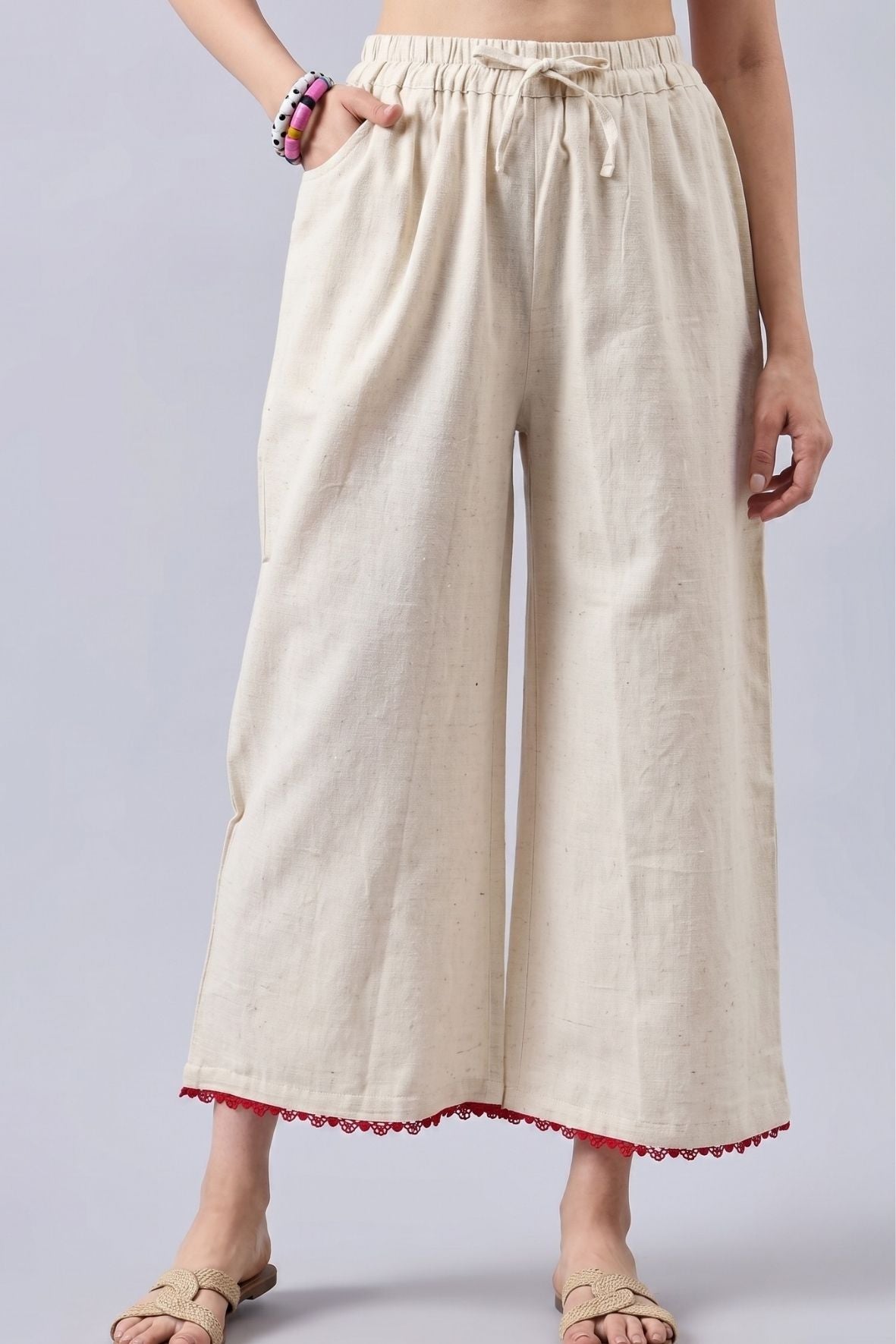 Cotton Palazzo With Red Lace Detailing