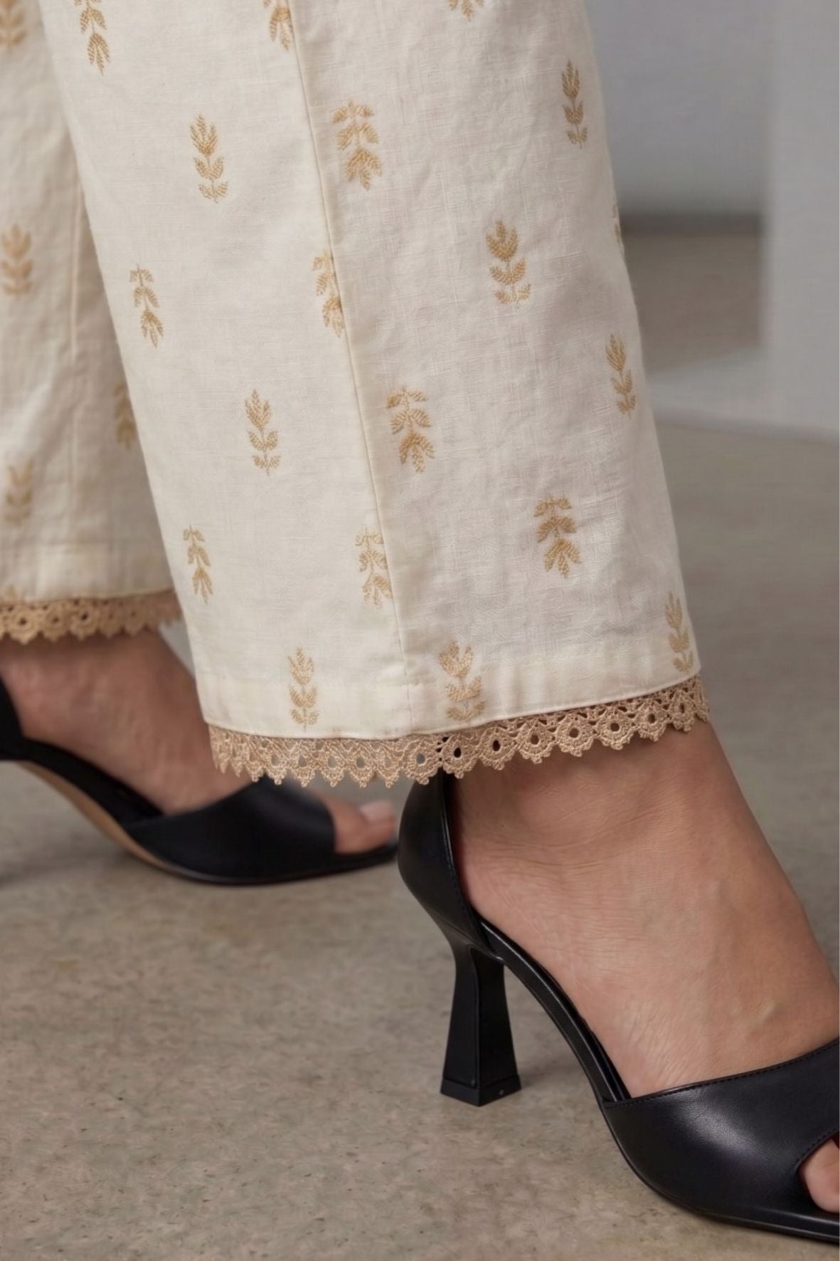 Ivory Beige Leaf Print Cotton Lace Palazzo