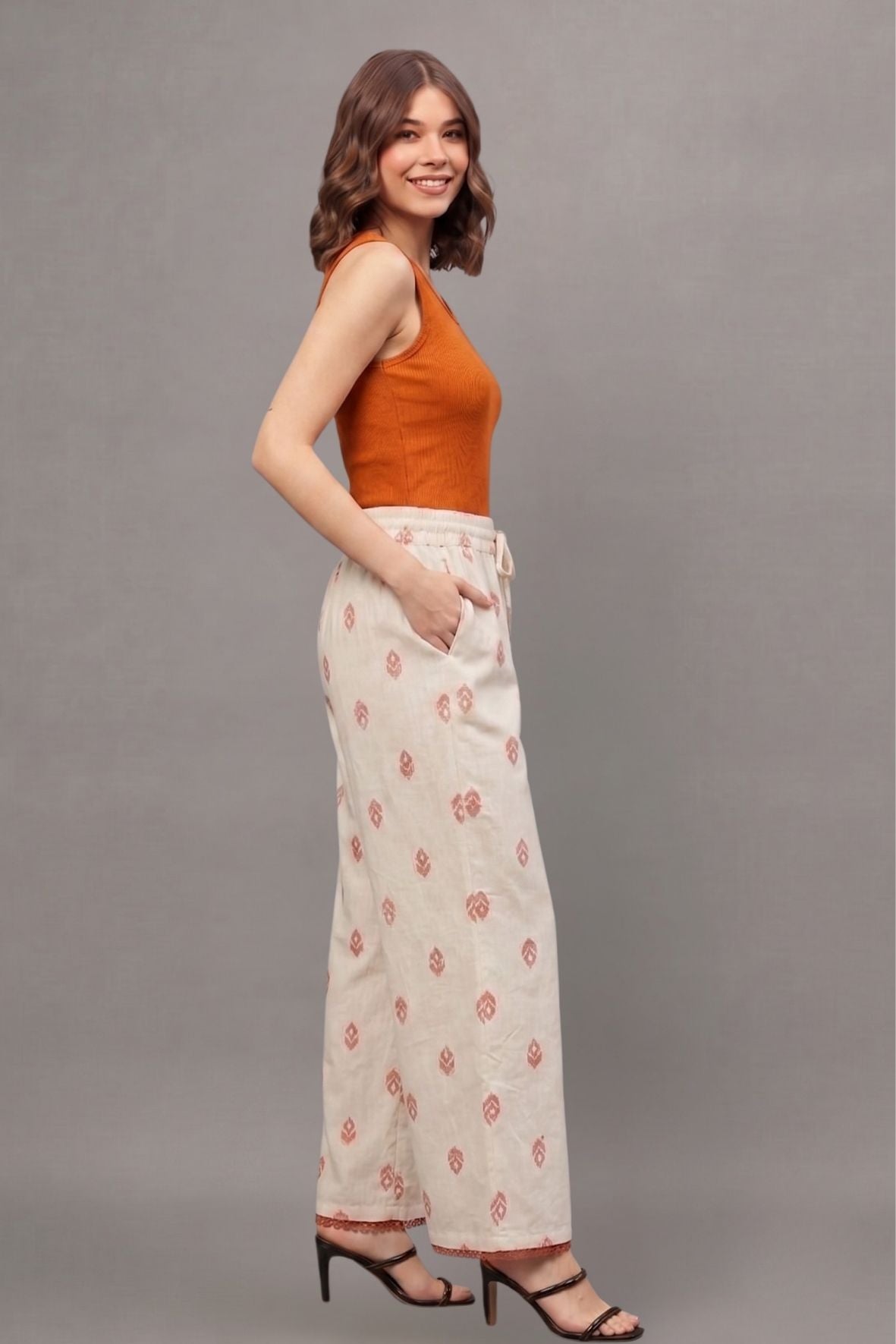Ivory Rust Buti Print Cotton Palazzo