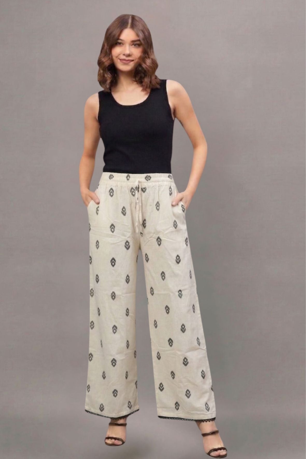 Charcoal Buta Print Cotton Lace Palazzo