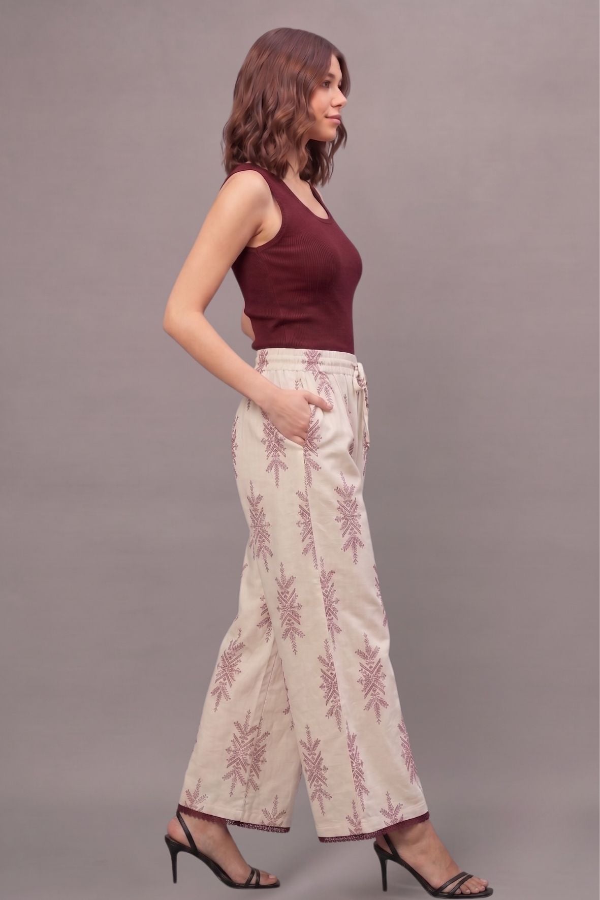 Ivory Maroon Motif Cotton Lace Palazzo