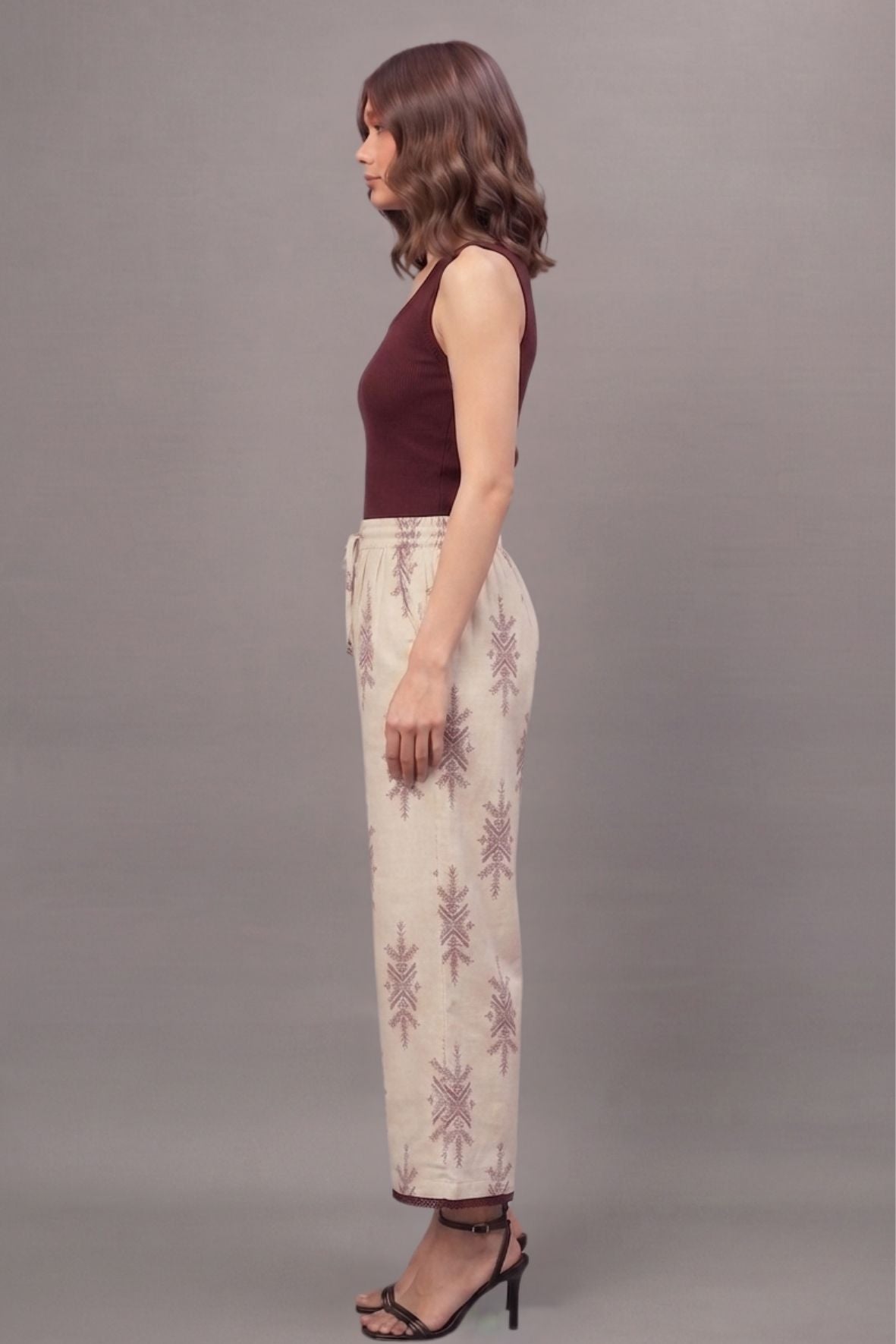 Ivory Maroon Motif Cotton Lace Palazzo