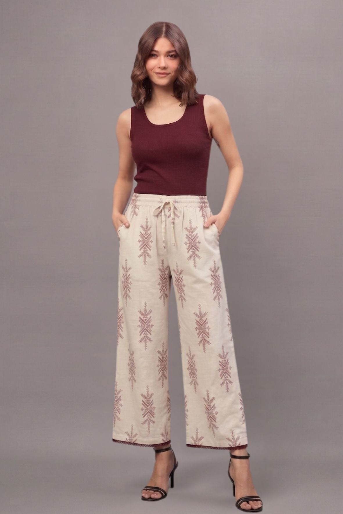 Ivory Maroon Motif Cotton Lace Palazzo