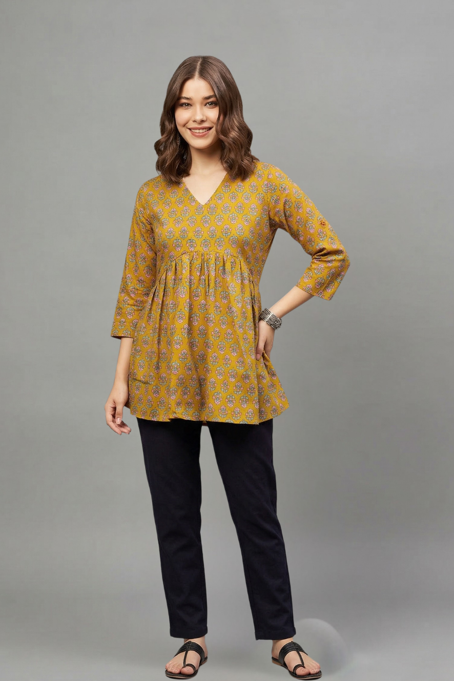 Mustard Floral Buti Print V-Neck Cotton Kurti for Women