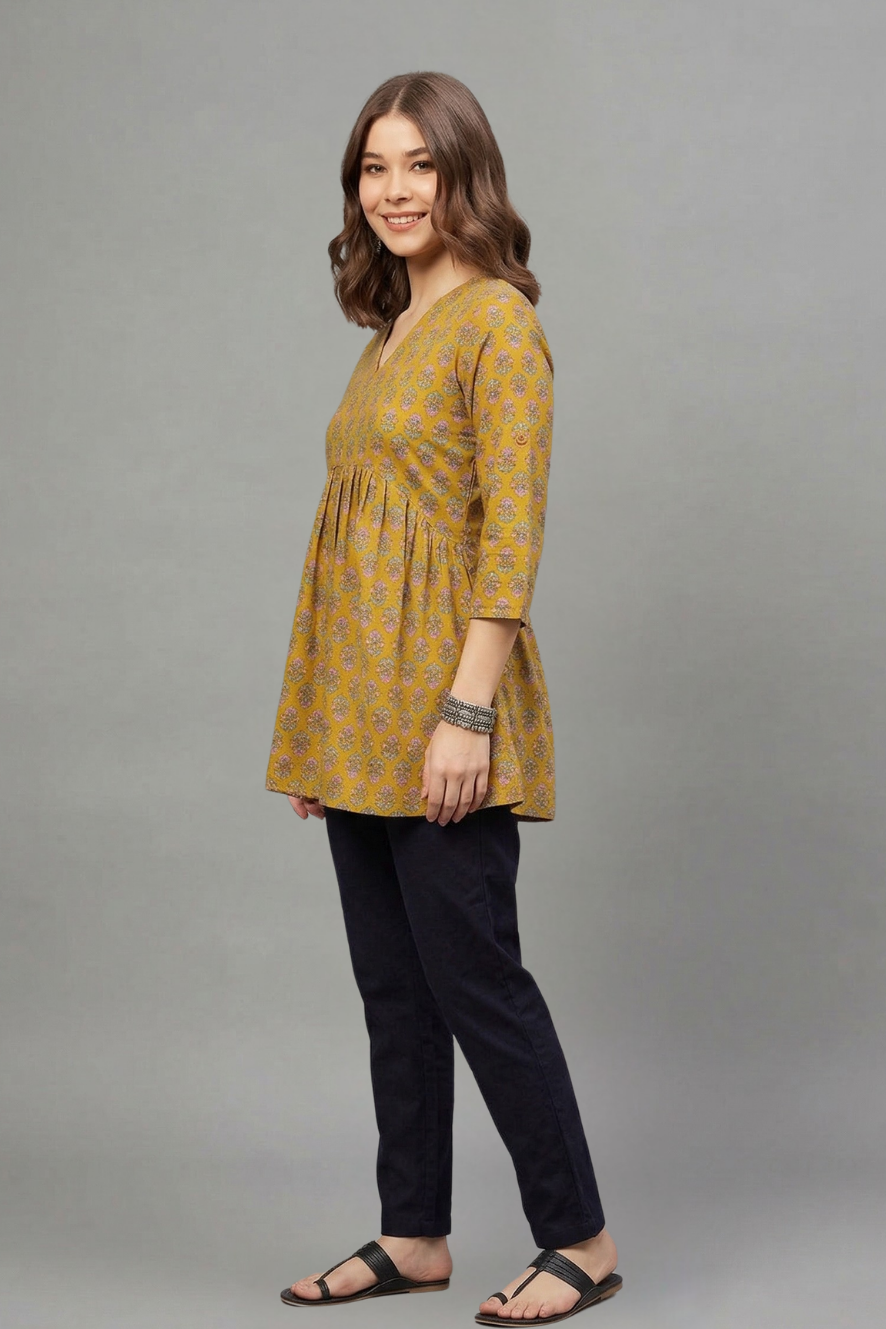 Mustard Floral Buti Print V-Neck Cotton Kurti for Women
