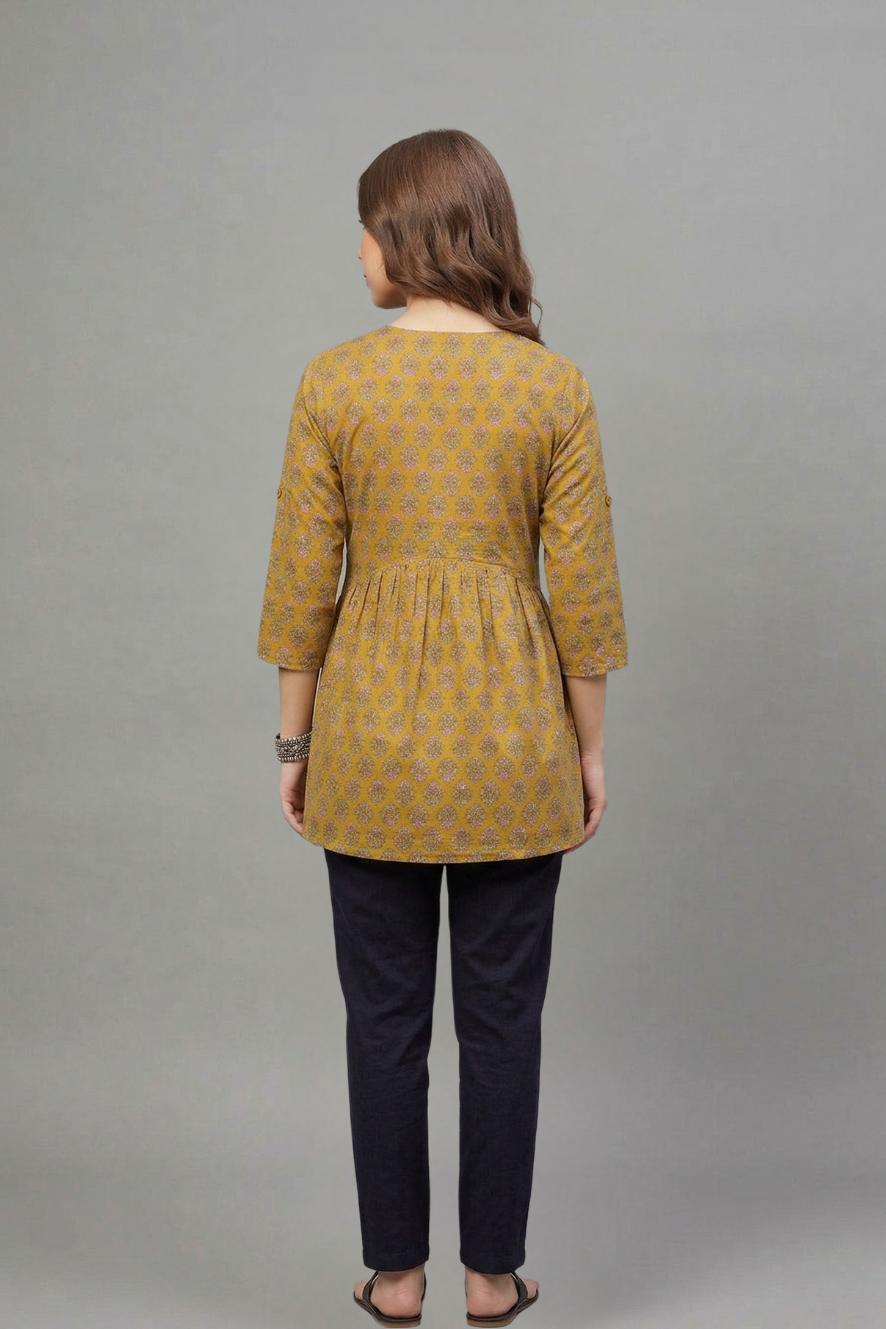 Mustard Floral Buti Print V-Neck Cotton Kurti for Women