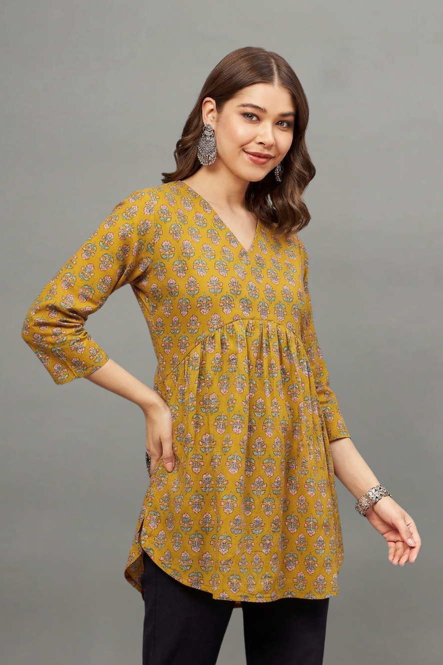 Mustard Floral Buti Print V-Neck Cotton Kurti for Women