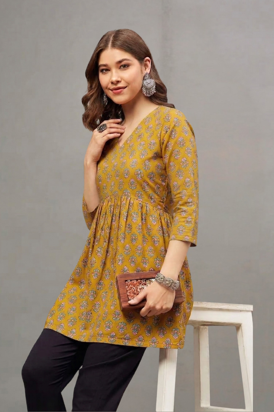 Mustard Floral Buti Print V-Neck Cotton Kurti for Women