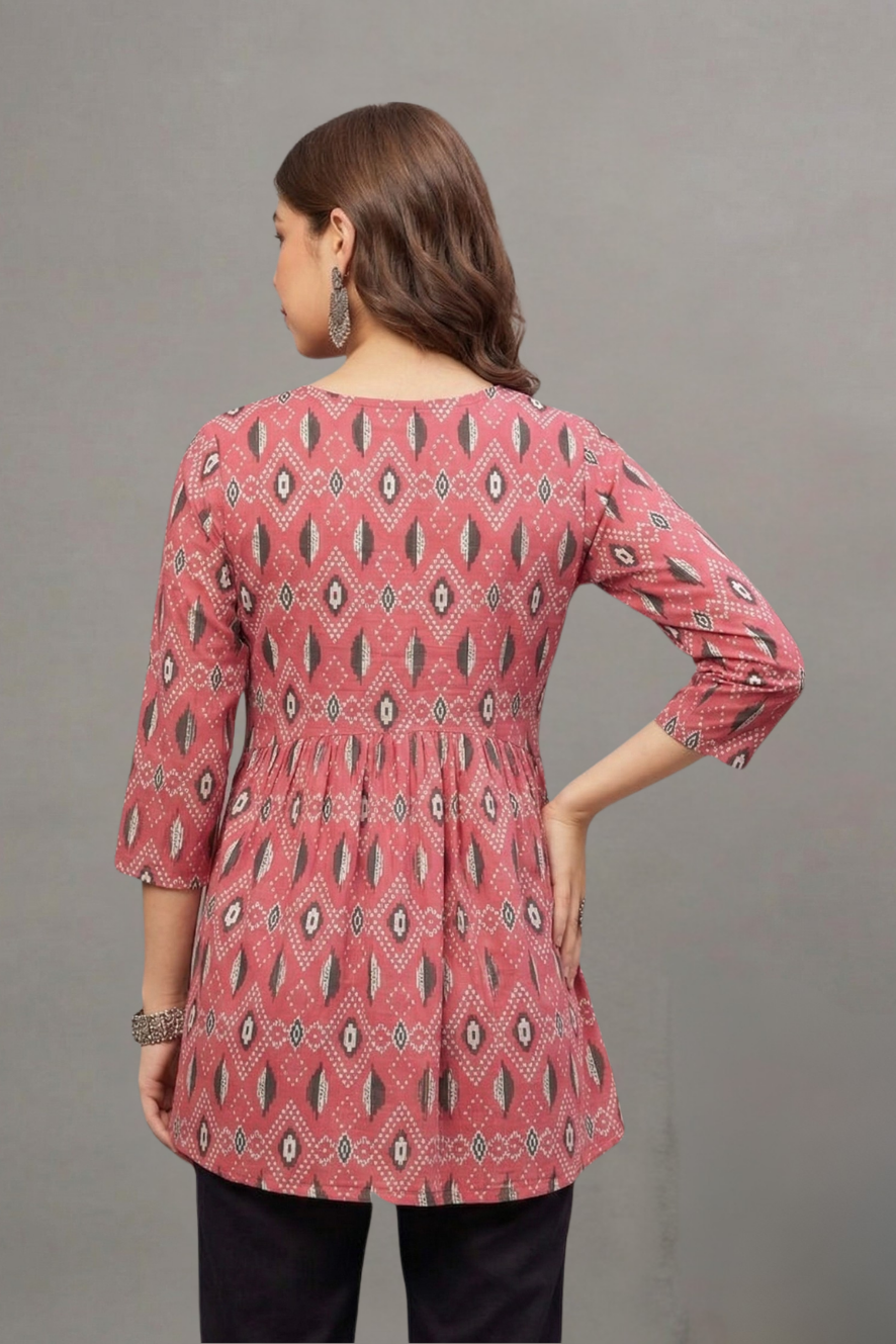 Rust Red Ikat Print V-neck Cotton Kurti for Women