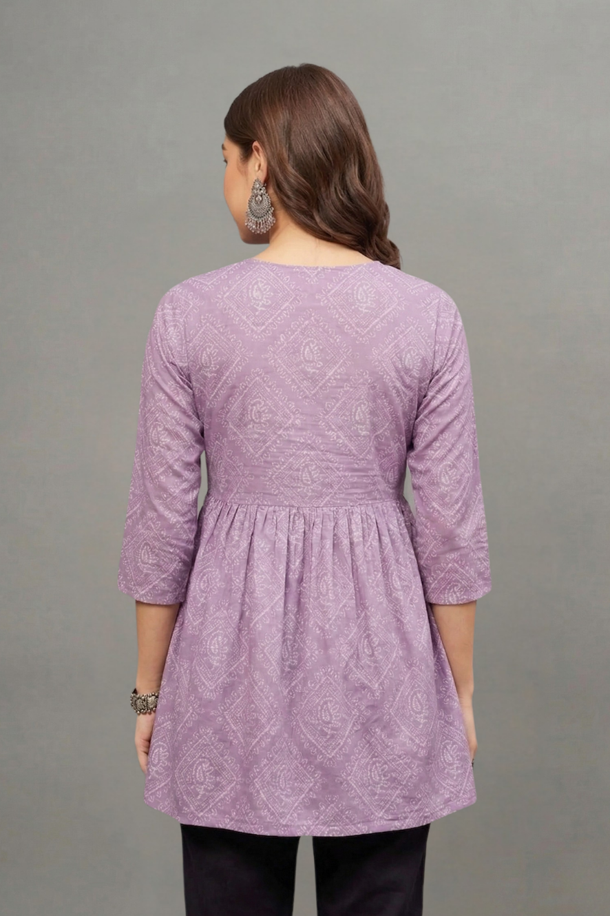 Lavender Block Printed V-neck Cotton Kurti for Women