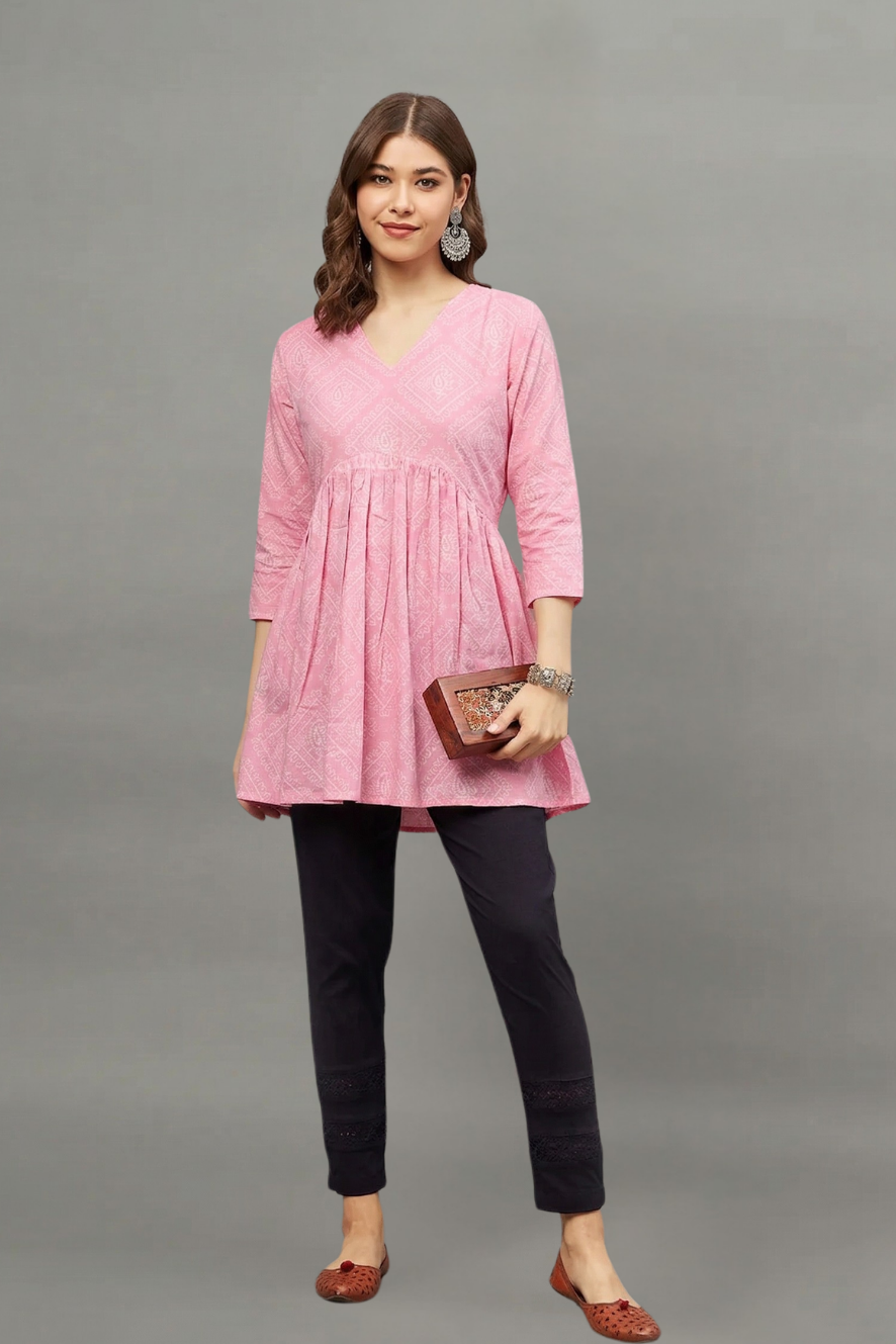 Pink Block Printed V-neck Cotton Kurti for Women