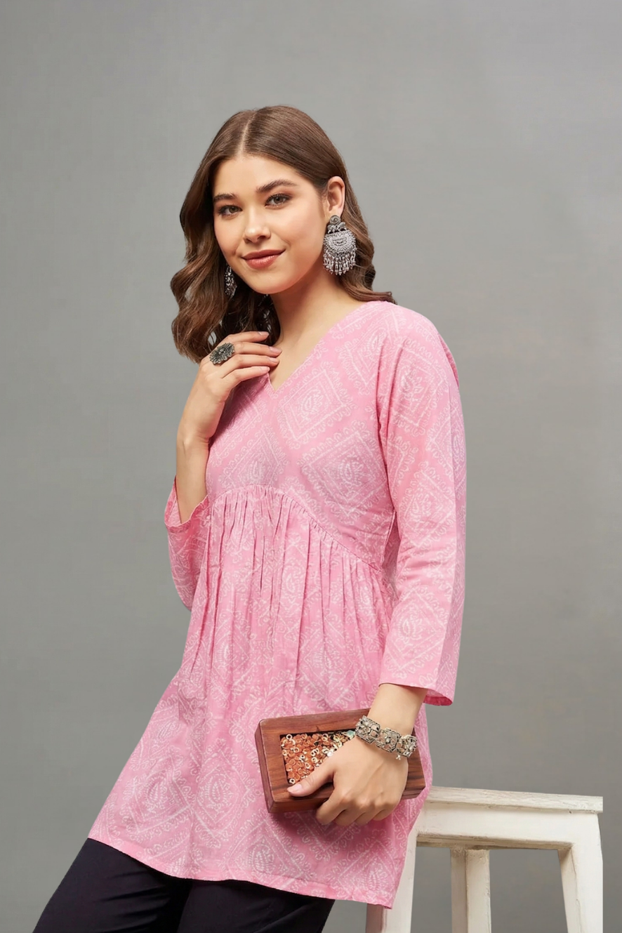 Pink Block Printed V-neck Cotton Kurti for Women