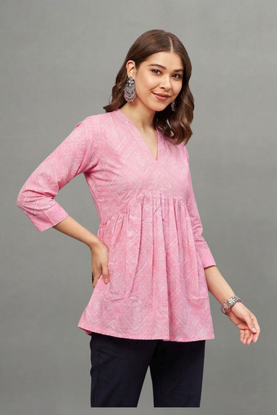 Pink Block Printed V-neck Cotton Kurti for Women