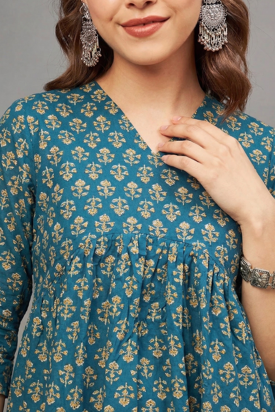Teal Blue Floral Buti Print V-Neck Cotton Kurti for Women