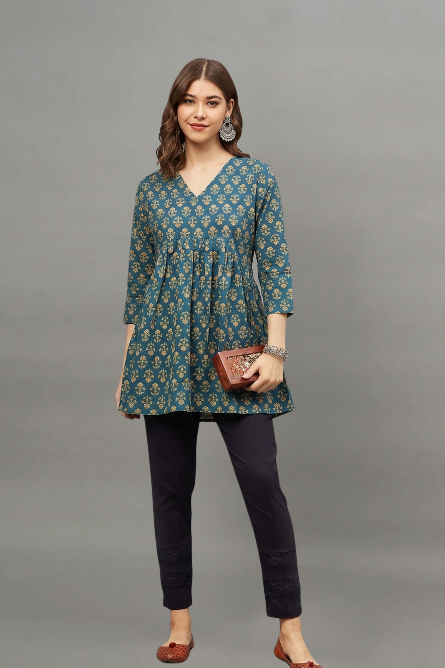 Teal Blue Floral Buti Print V-Neck Cotton Kurti for Women
