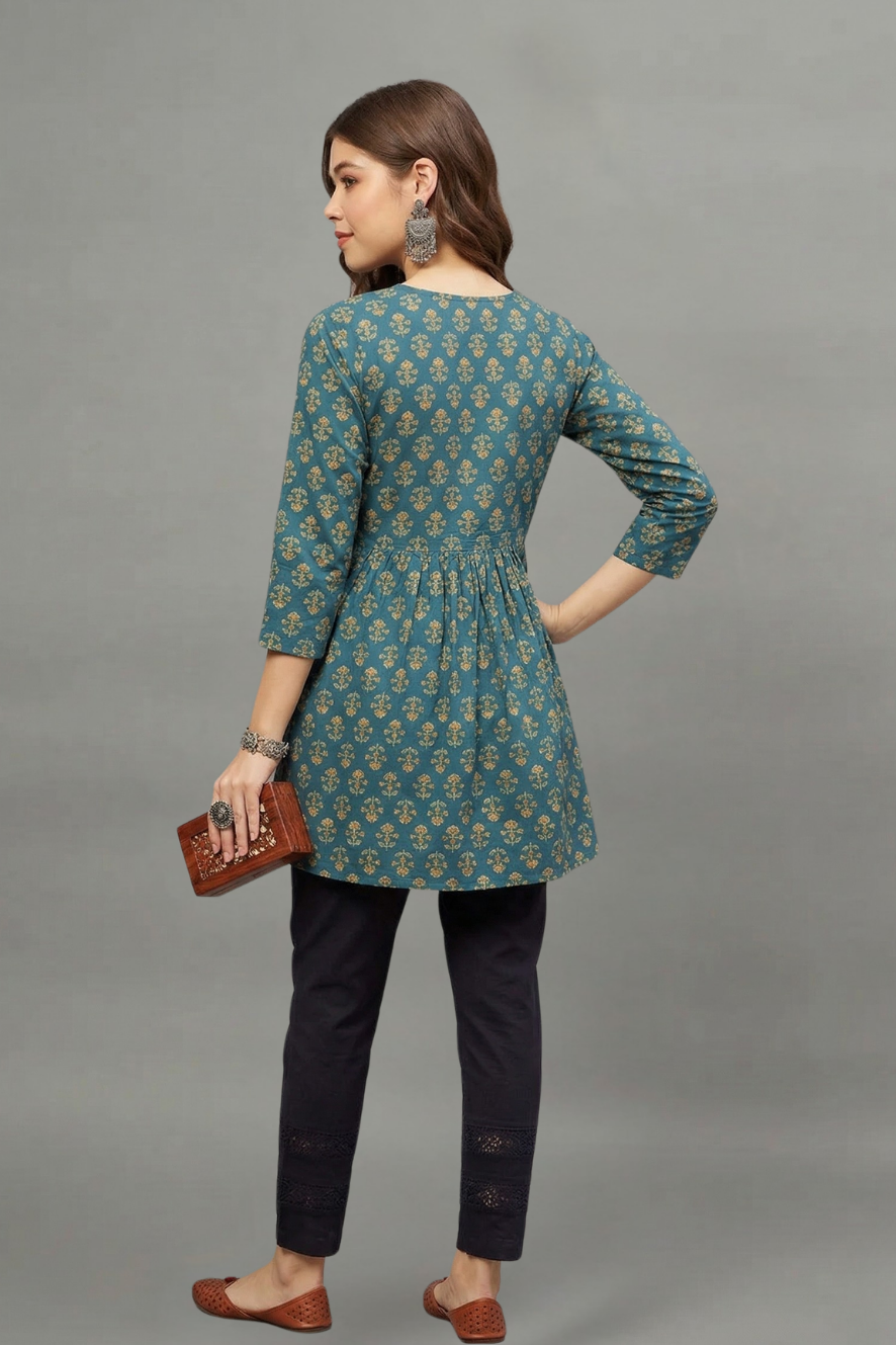 Teal Blue Floral Buti Print V-Neck Cotton Kurti for Women