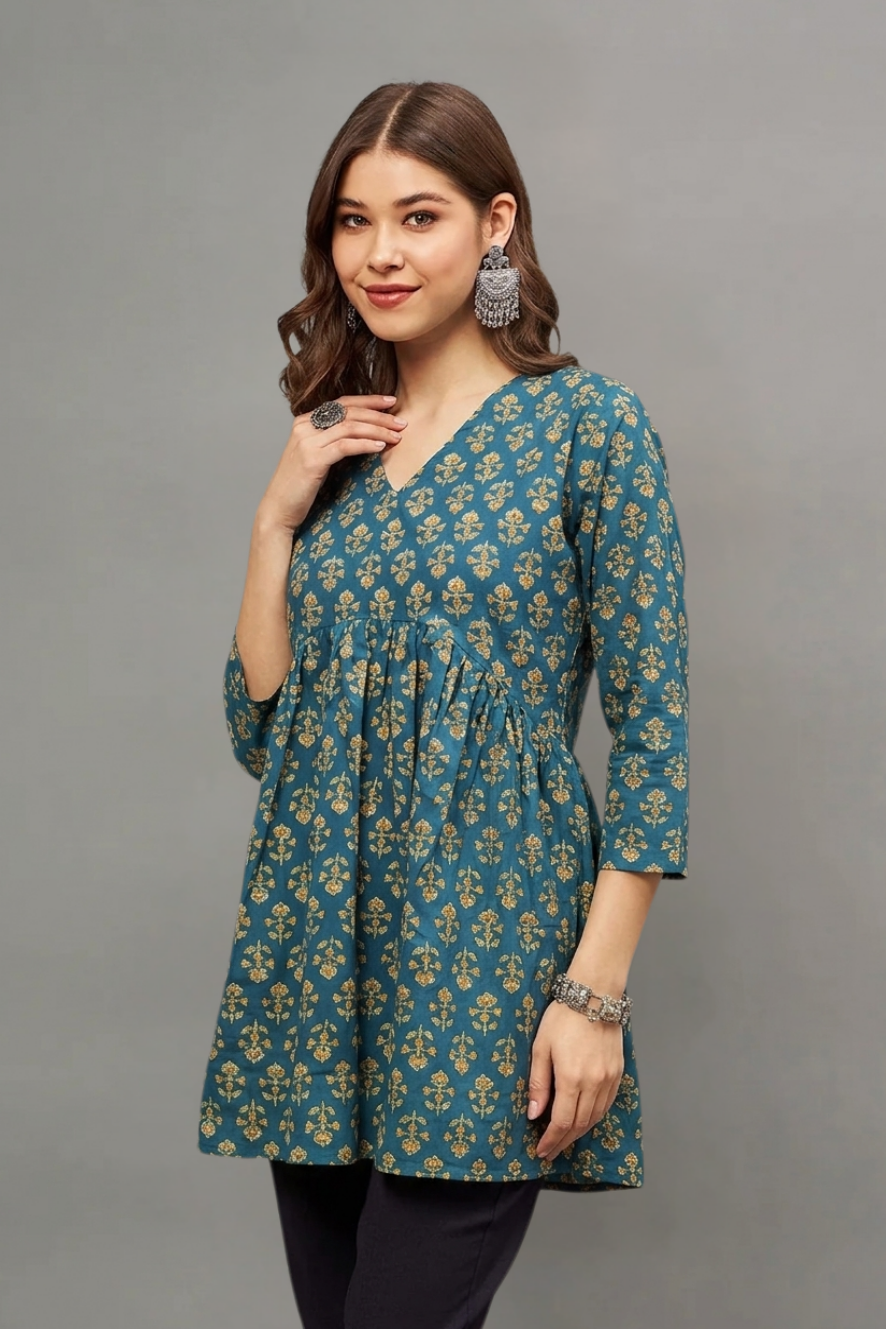 Teal Blue Floral Buti Print V-Neck Cotton Kurti for Women