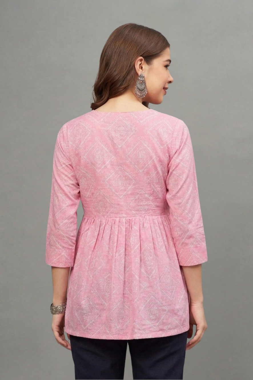 Pink Block Printed V-neck Cotton Kurti for Women