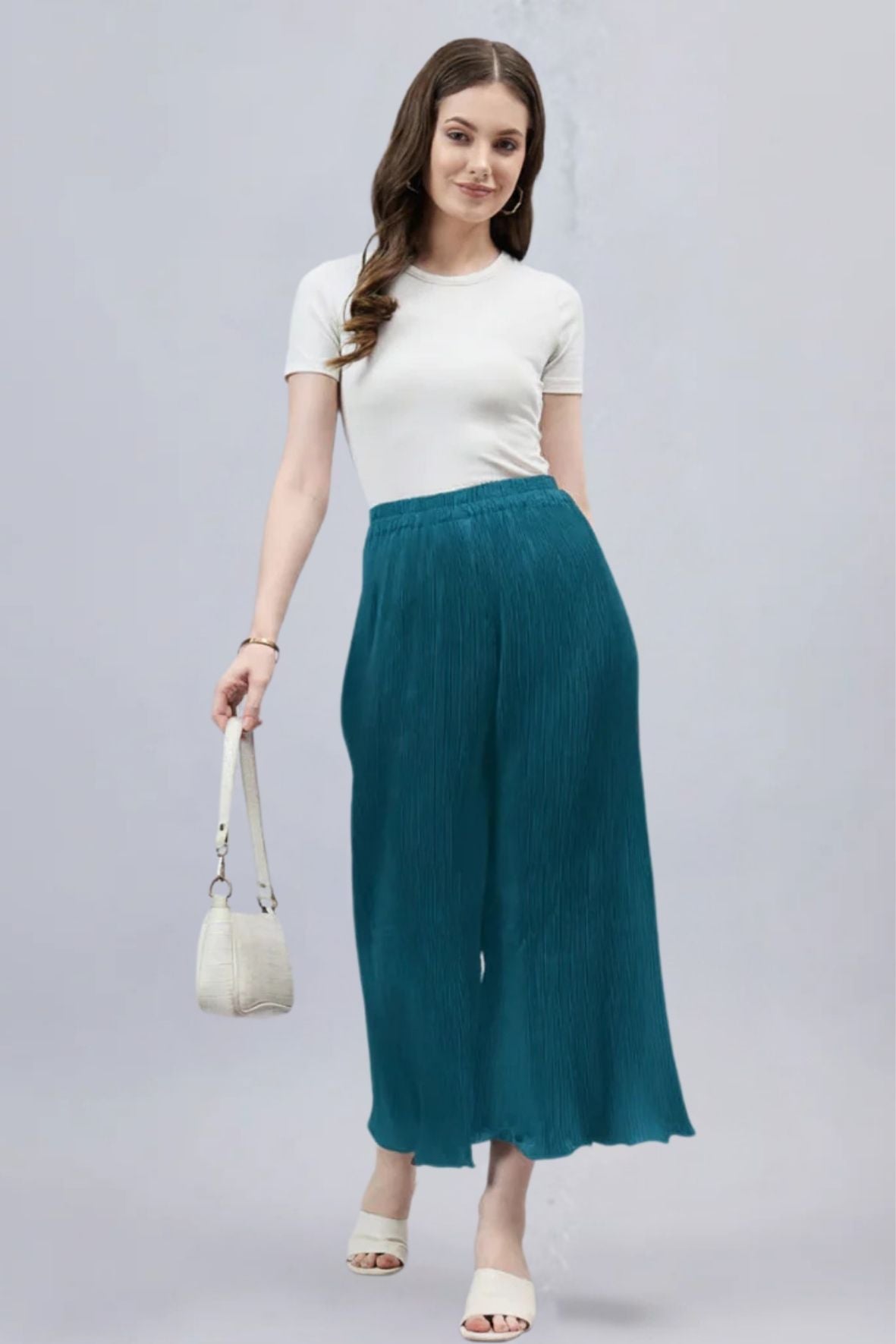 Turquoise Pleated Chiffon Palazzo