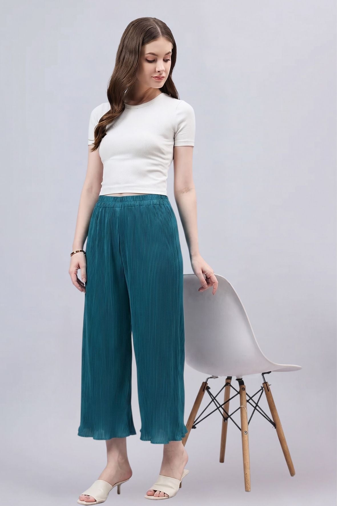 Turquoise Pleated Chiffon Palazzo