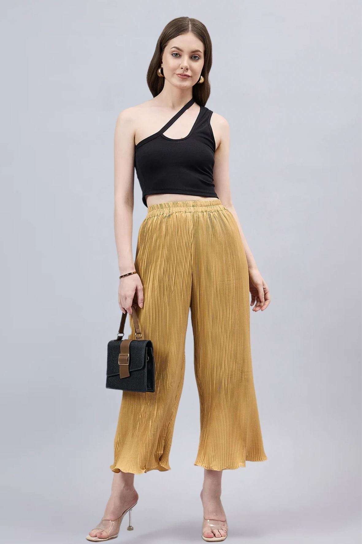 Gold Pleated Chiffon Palazzo