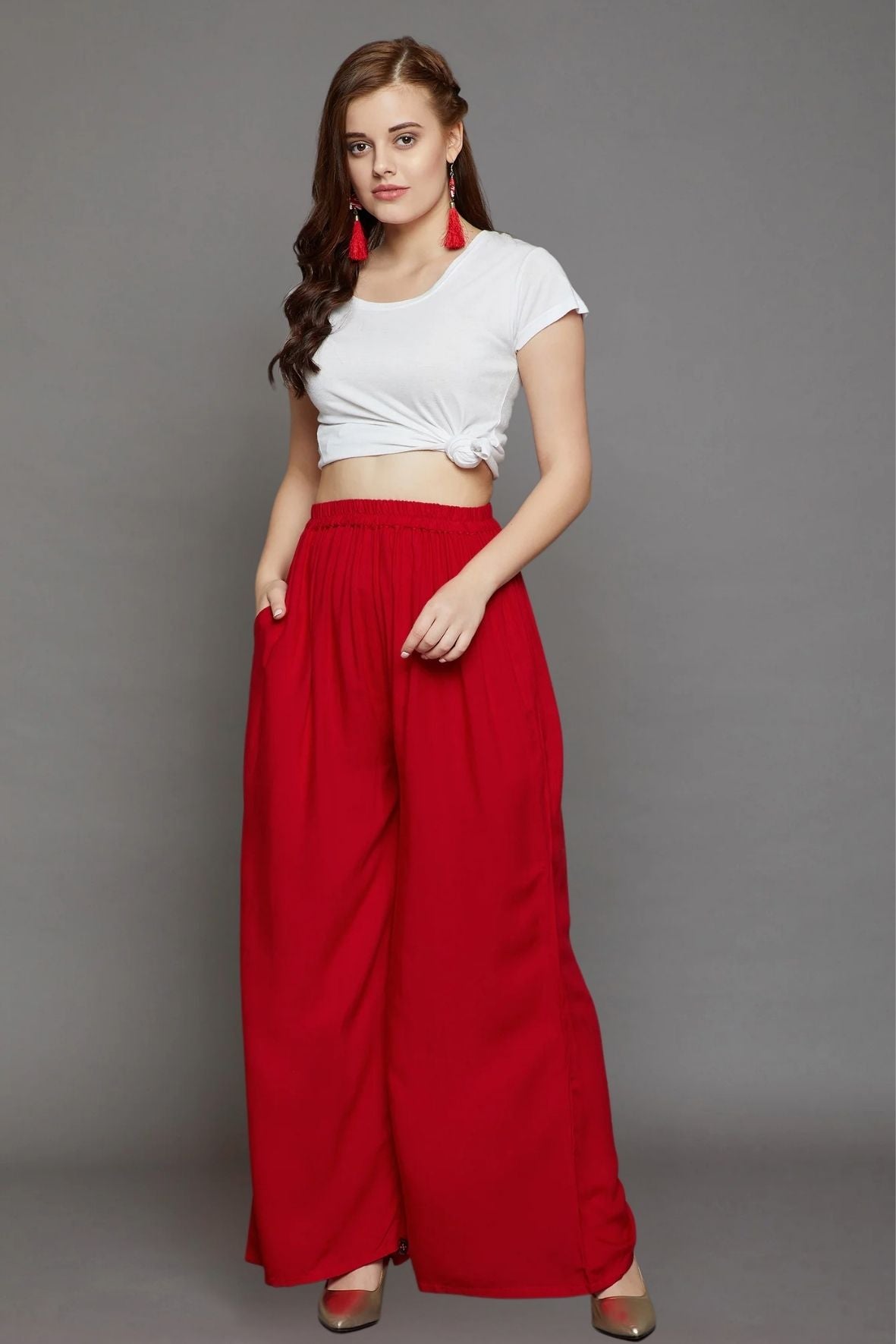 Red Plain Rayon Palazzo