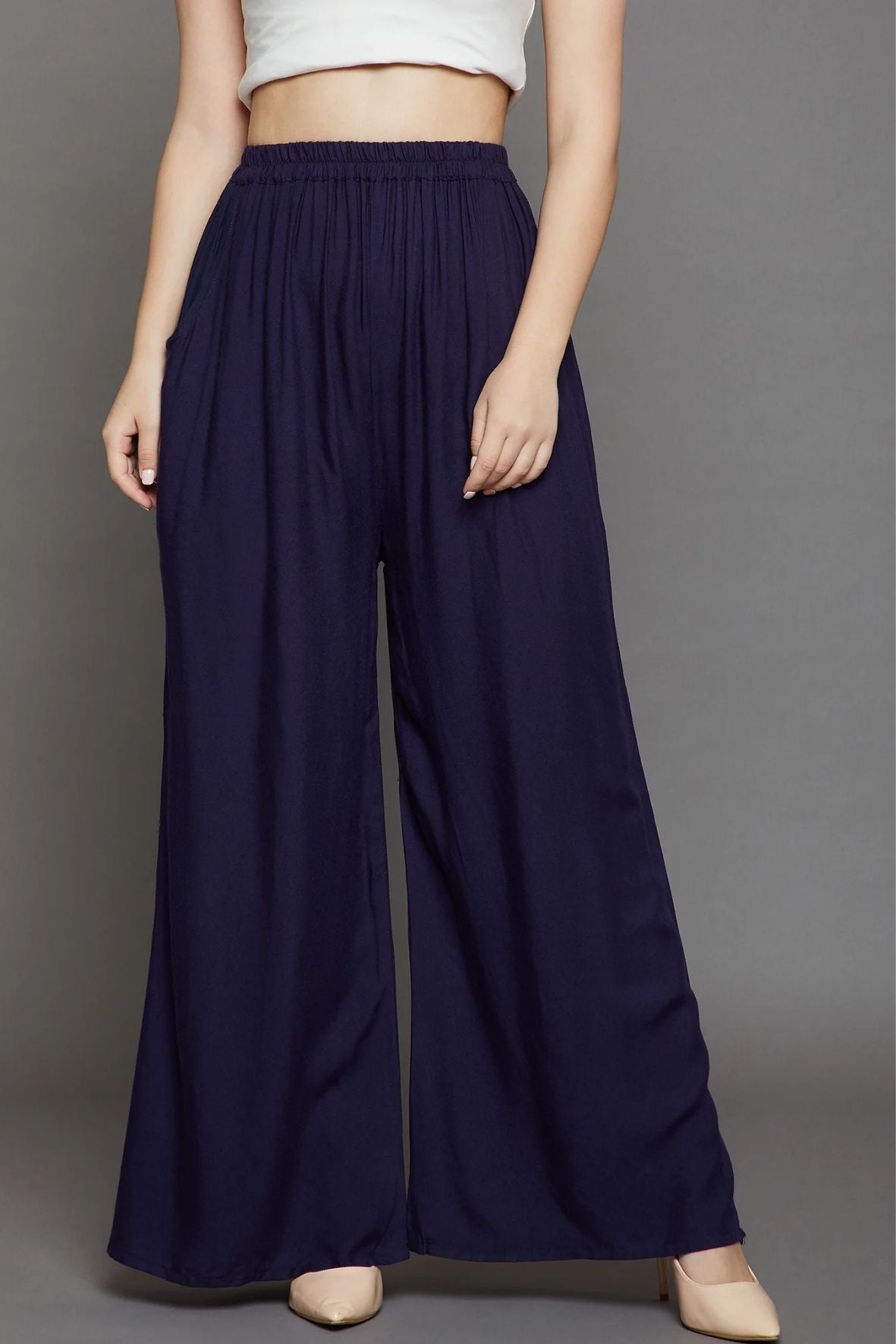 Navy Blue Plain Rayon Palazzo