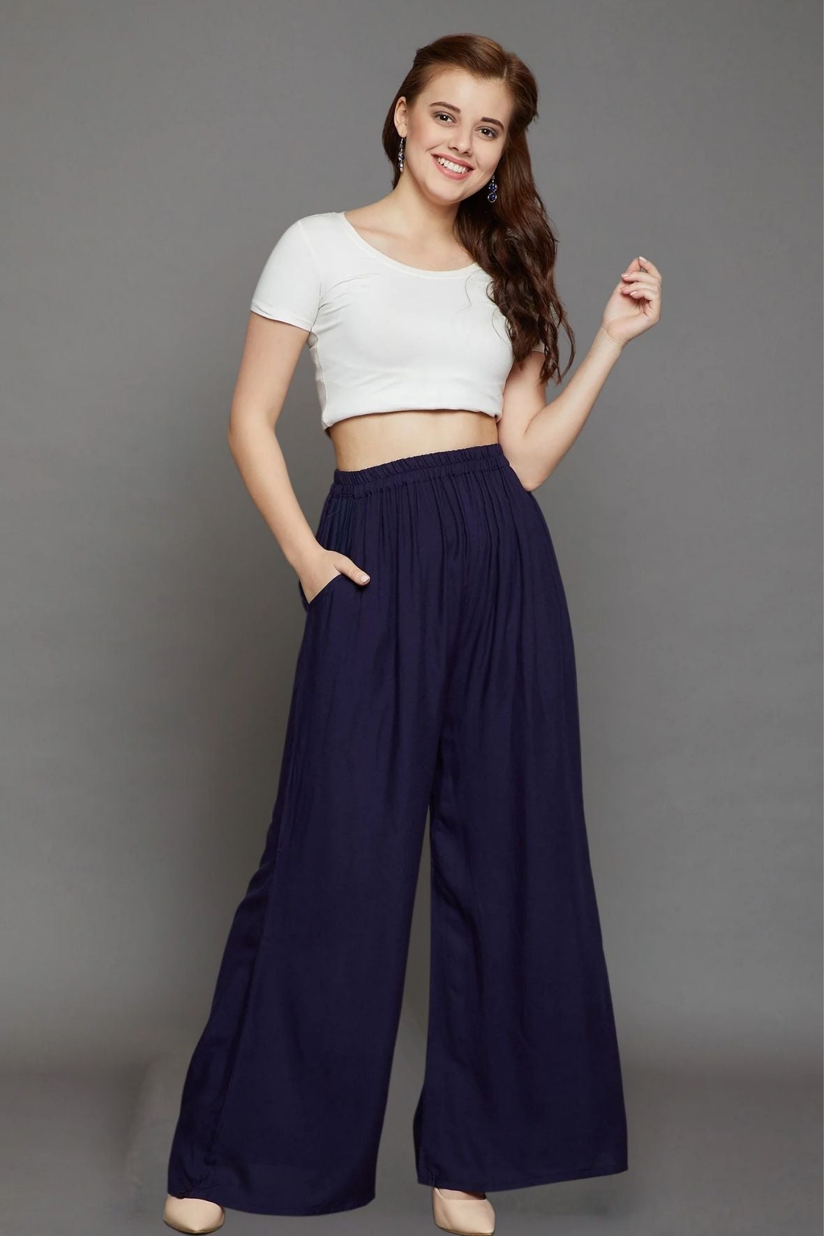 Navy Blue Plain Rayon Palazzo
