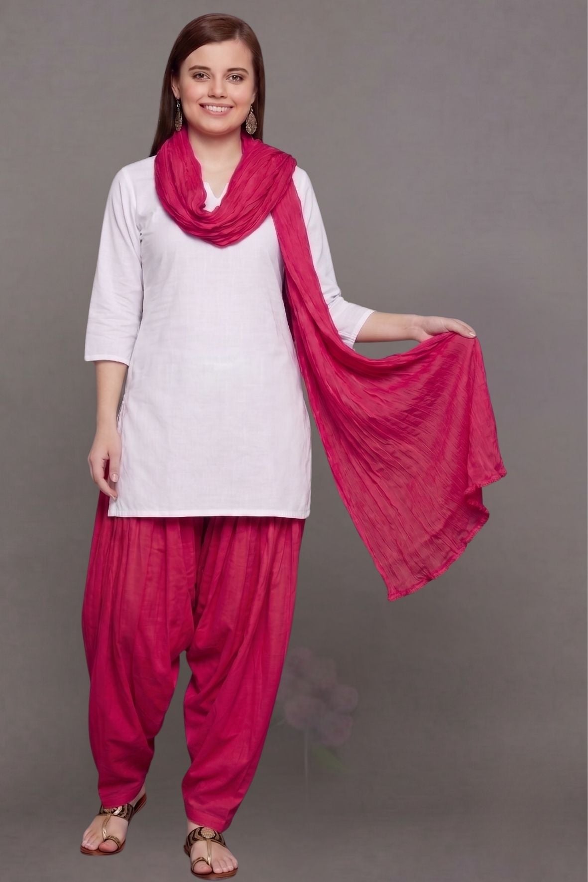 Rani Pink Cotton Plain Patiala with Dupatta