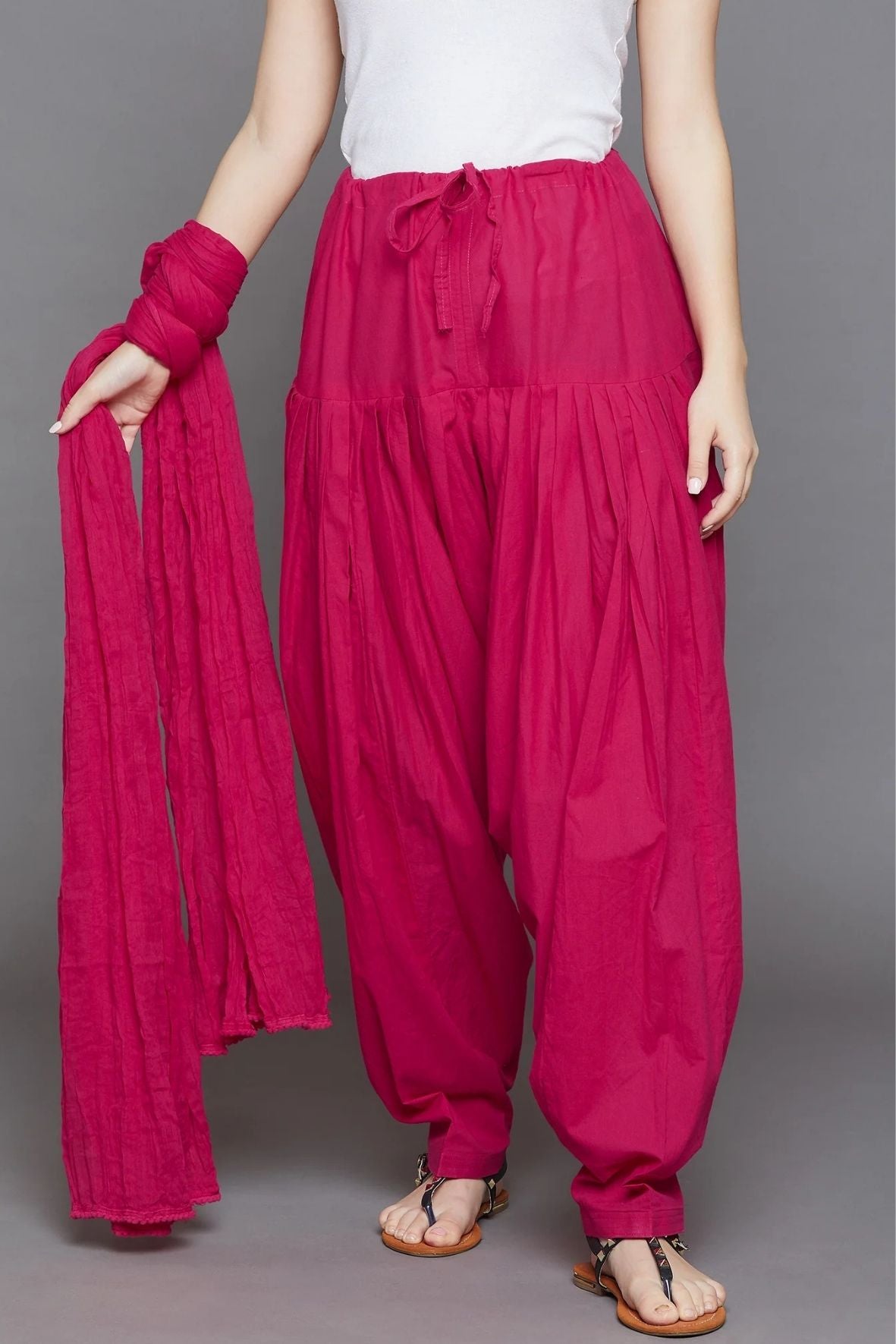 Rani Pink Cotton Plain Patiala with Dupatta