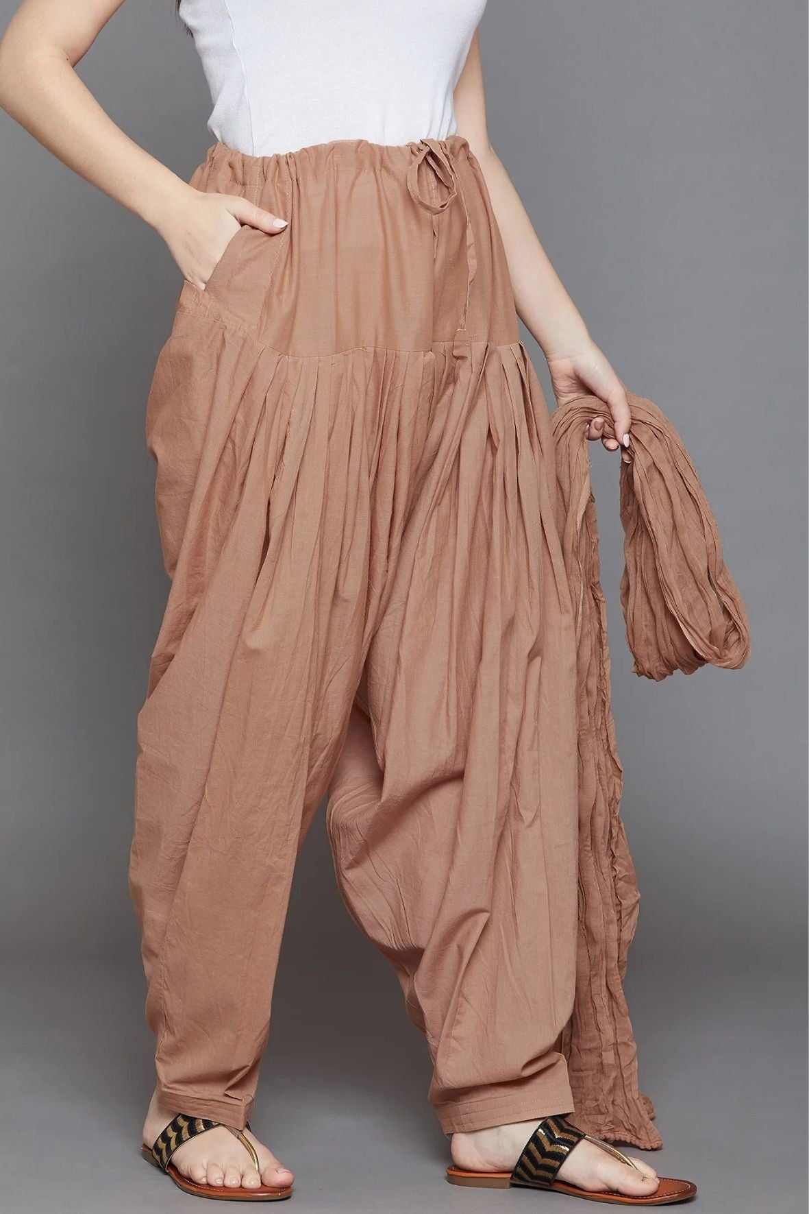 Brown Cotton Plain Patiala with Dupatta