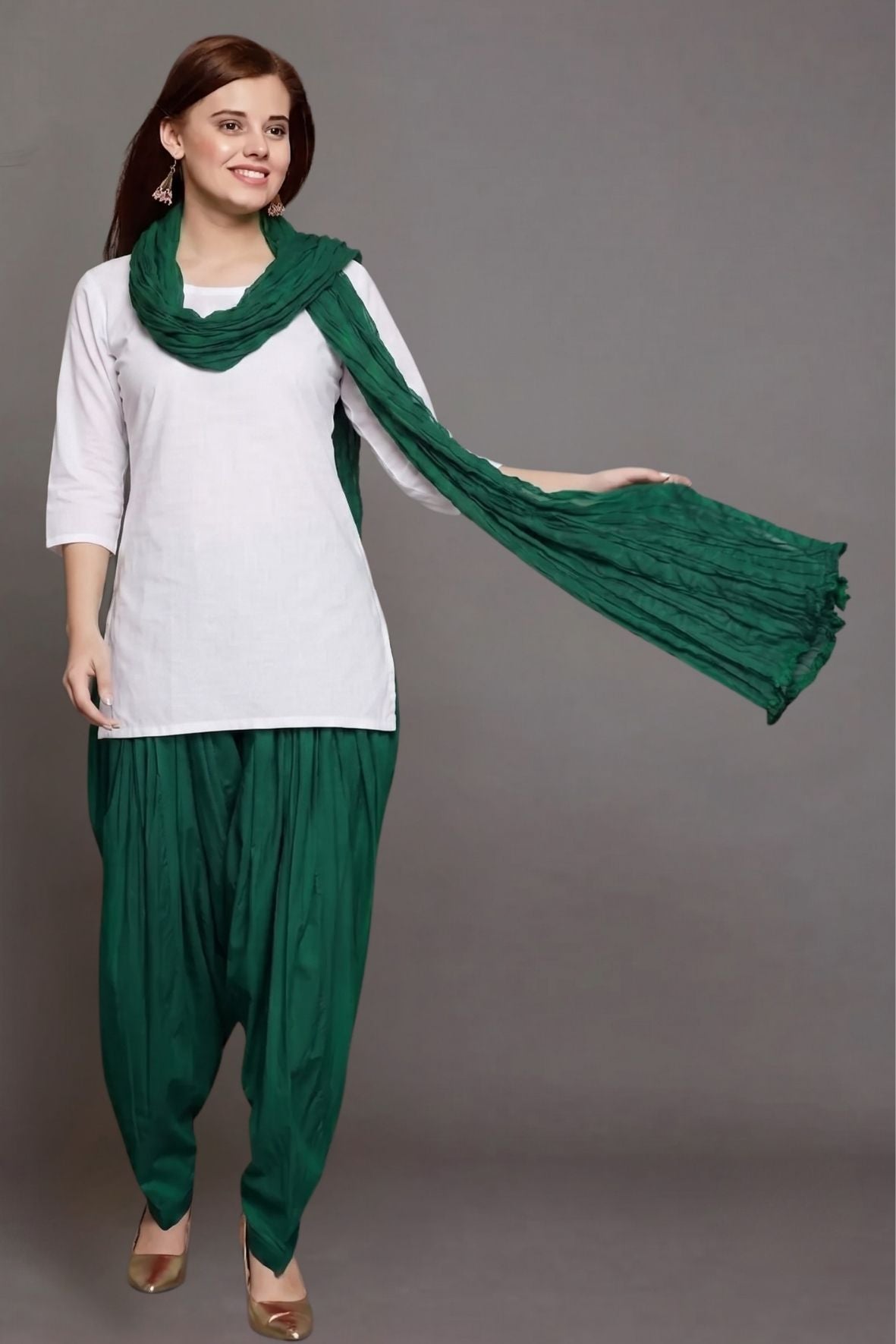 Bottle Green Plain Cotton Patiala with Dupatta