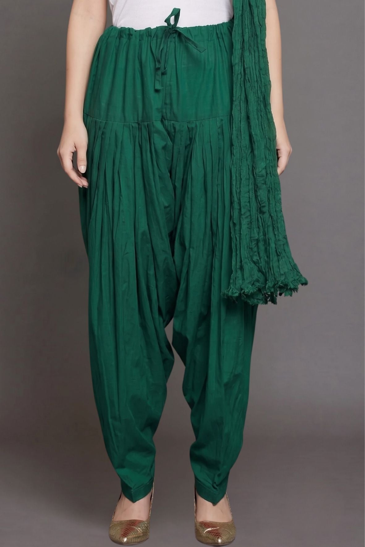Bottle Green Plain Cotton Patiala with Dupatta