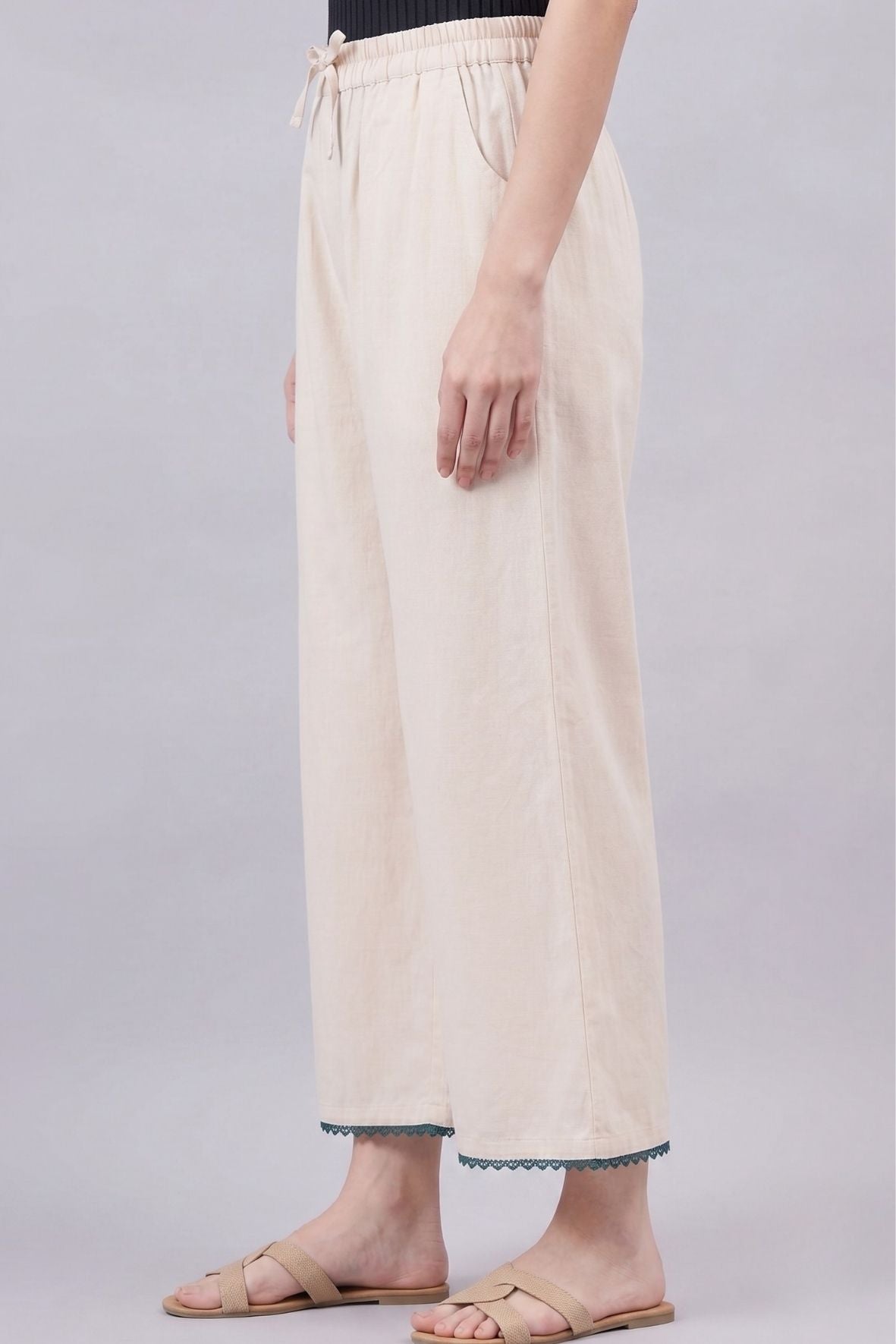 Cotton Palazzo With Dark Green Lace Detailing