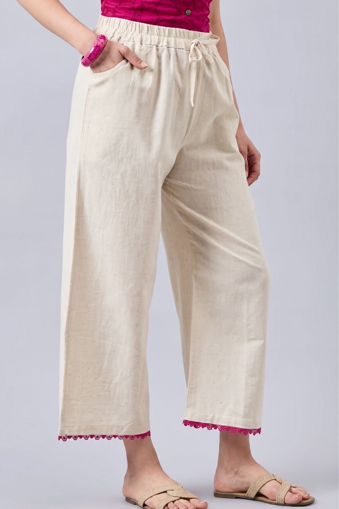 Cotton Palazzo With Rani Pink Lace Detailing