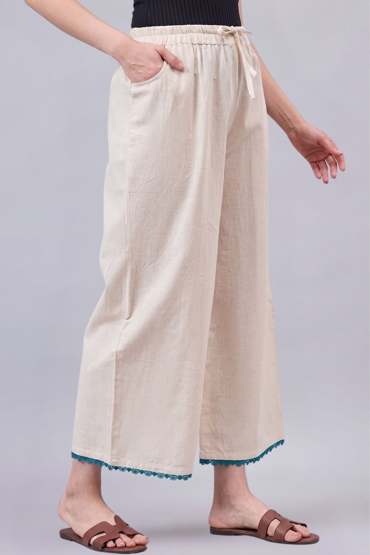 Cotton Palazzo With Turquoise Lace Detailing
