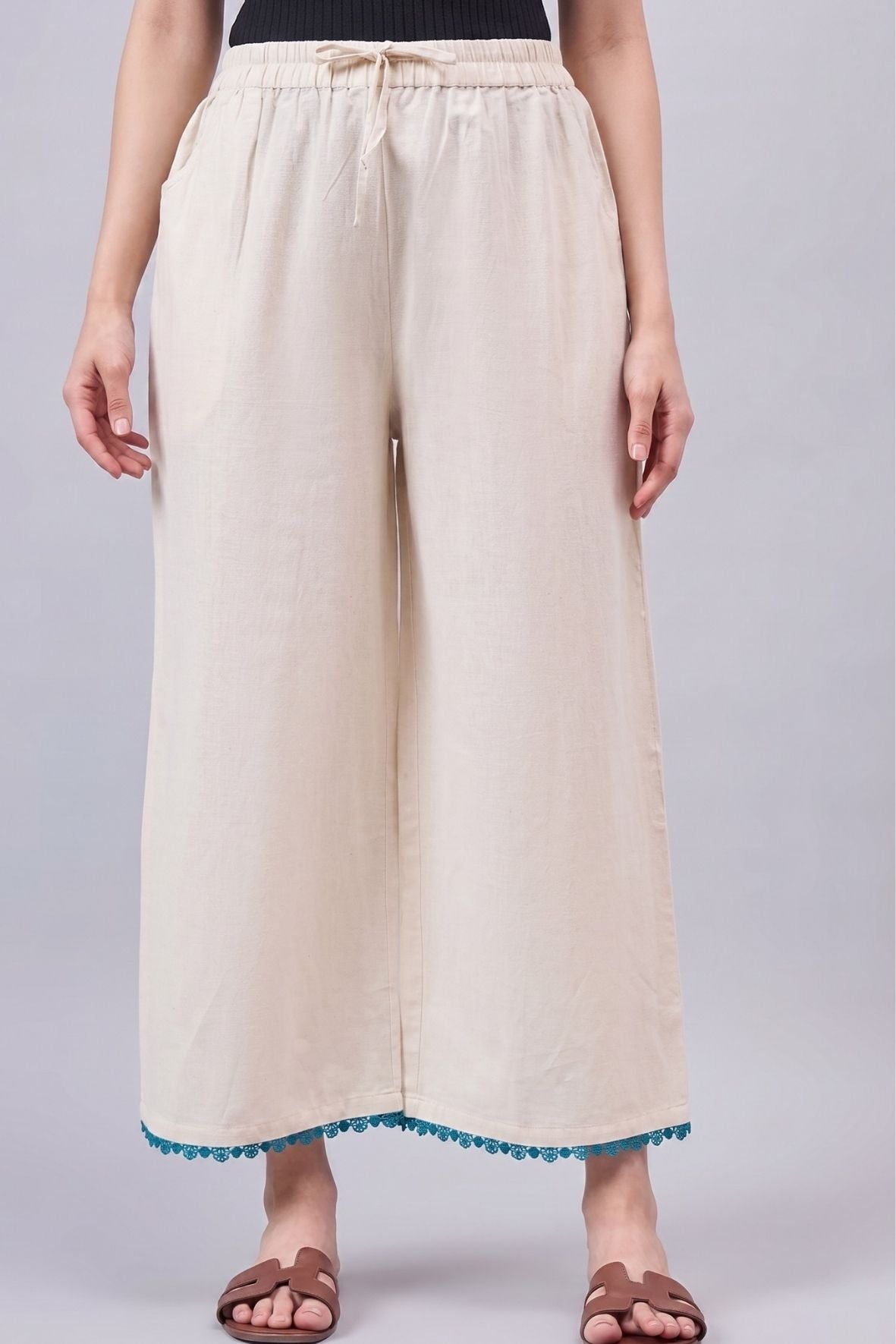 Cotton Palazzo With Turquoise Lace Detailing