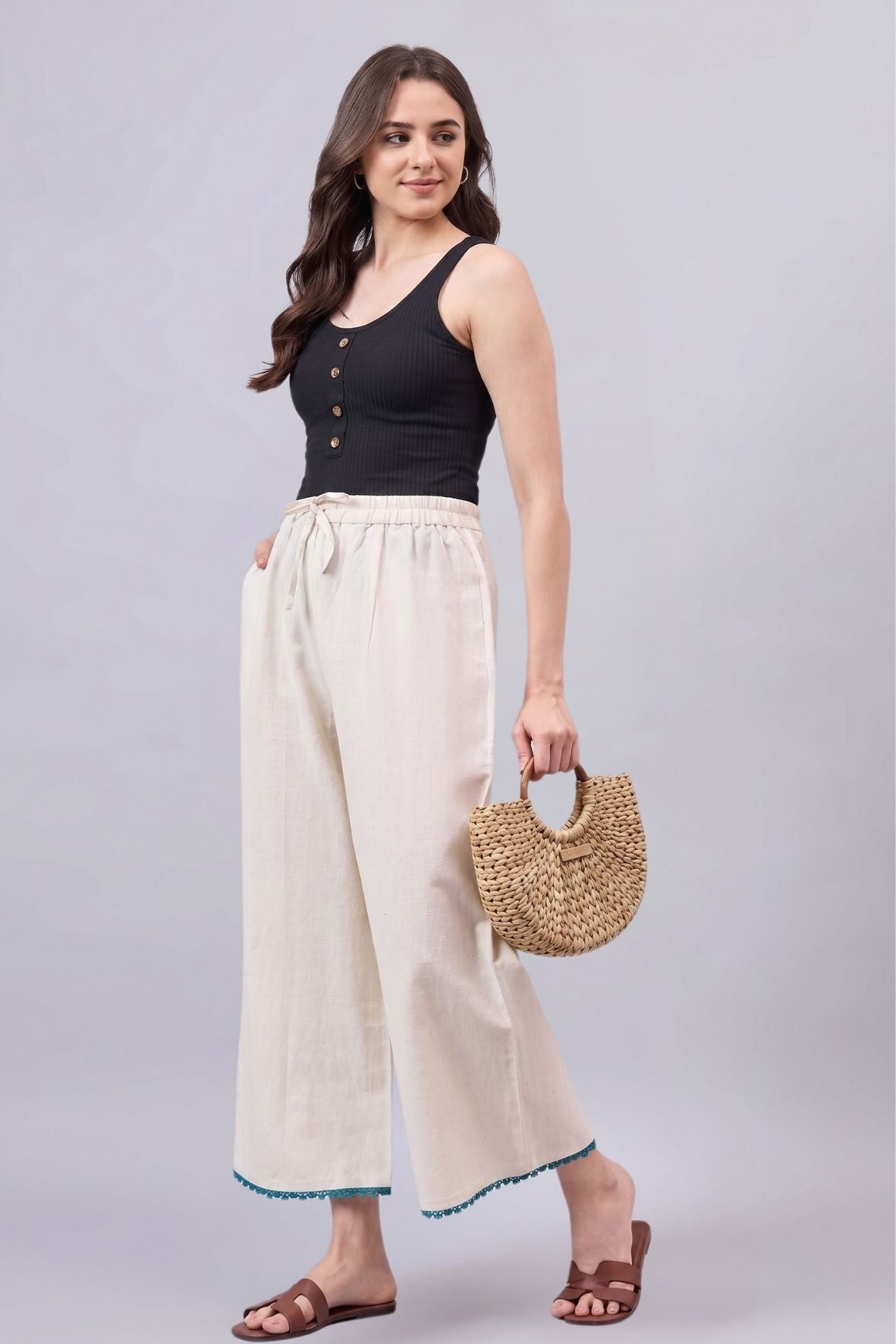 Cotton Palazzo With Turquoise Lace Detailing