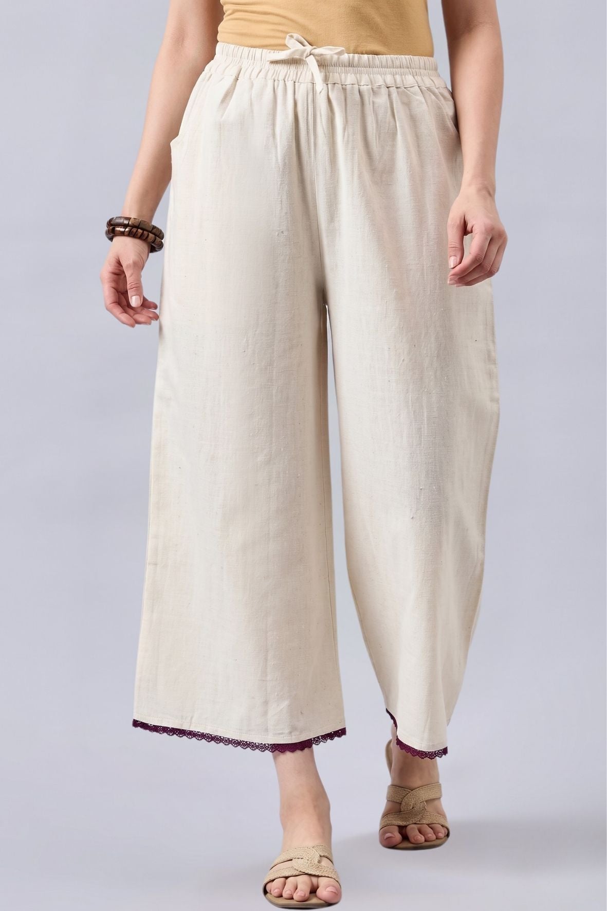 Cotton Palazzo With Wine Lace Detailing