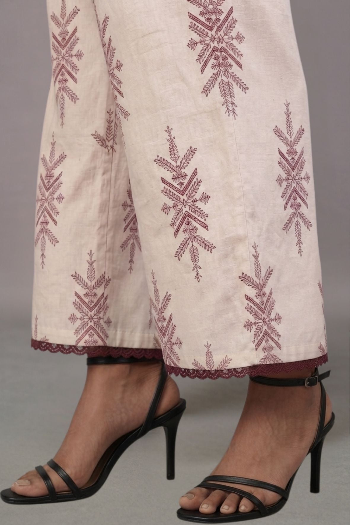 Ivory Maroon Motif Cotton Lace Palazzo