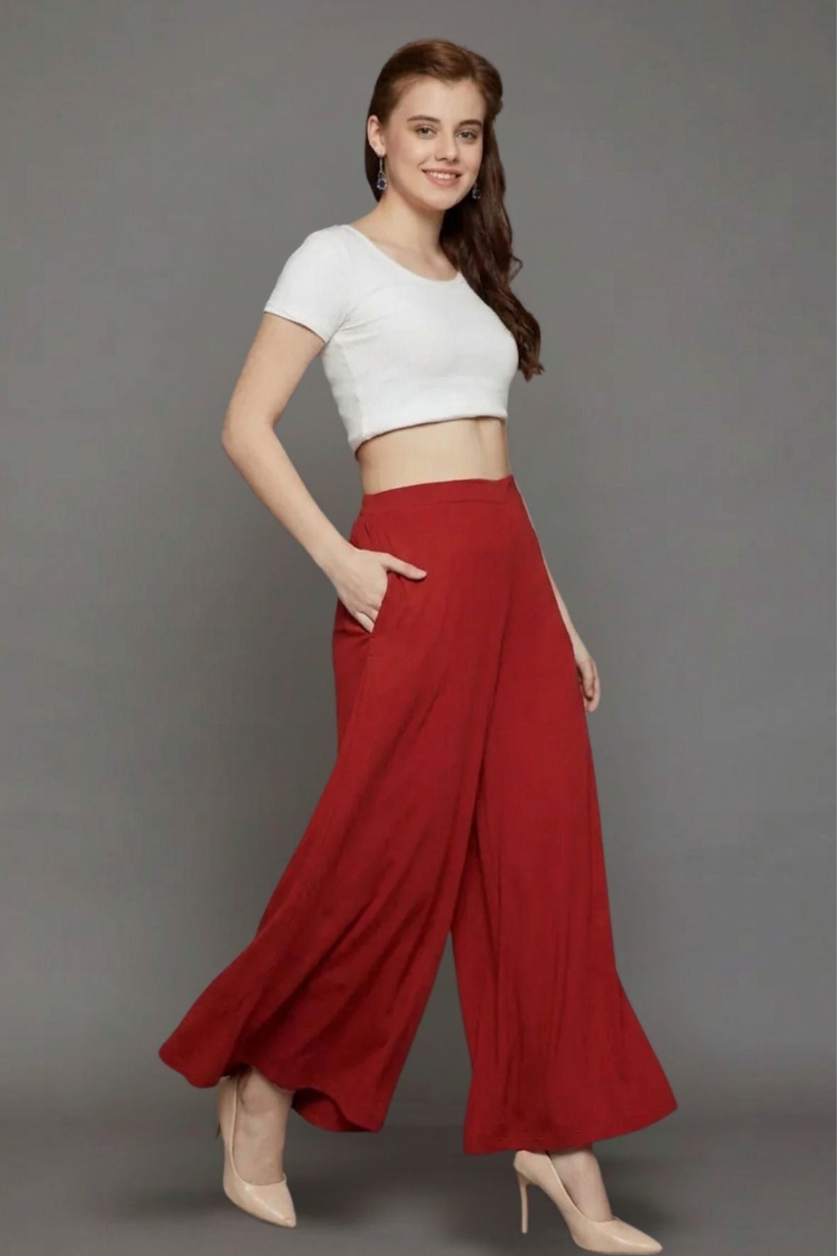 Red Plain Viscose Palazzo